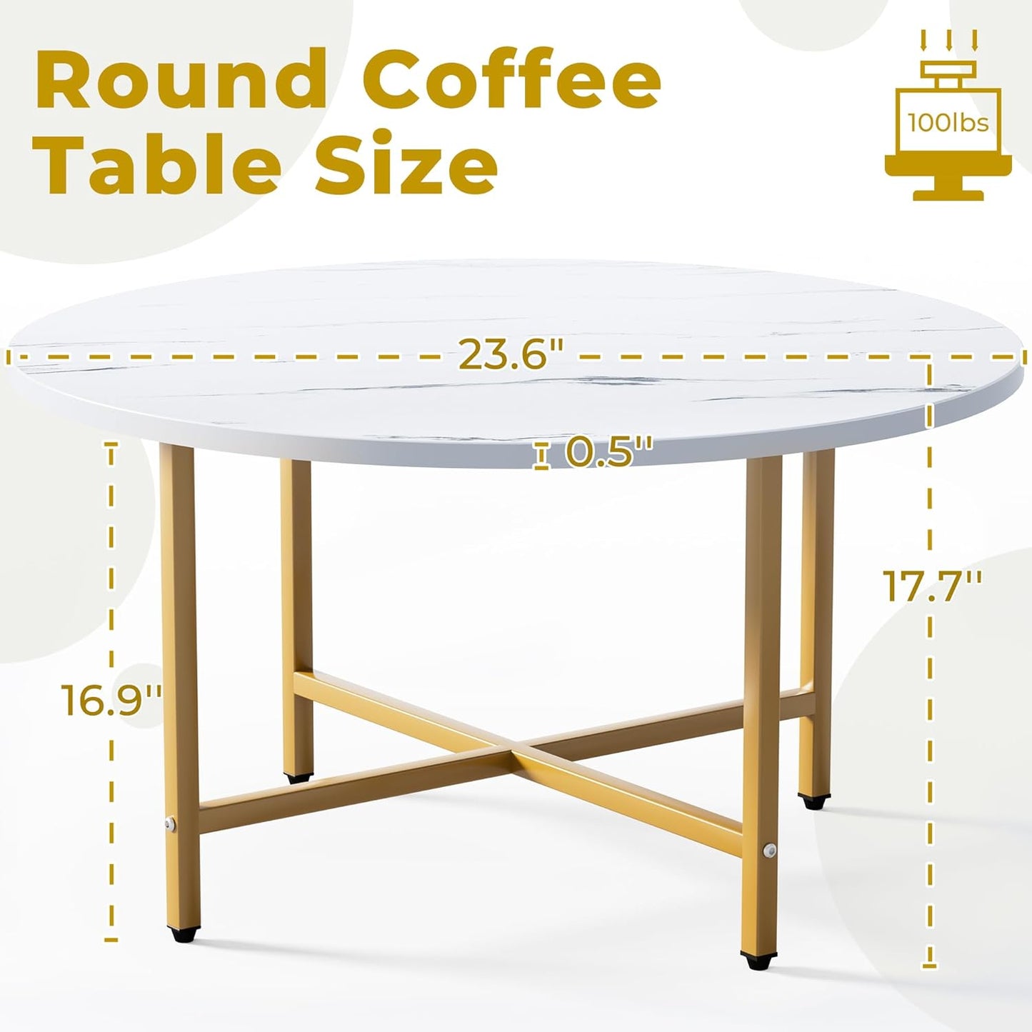 Coffee Table, 23.6" Coffee Tables for Living Room, Round Coffee Table with Metal Frame, Floor Table for Sitting on The Floor, Home, Office, White & Gold Legs