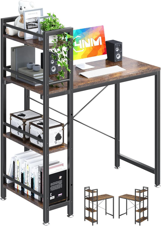 4NM 35" Small Computer Desk with 4-Tier Bookshelf, Home Office Desk Writing Workstation Study Table Multipurpose for Small Space Work - Rustic Brown and Black