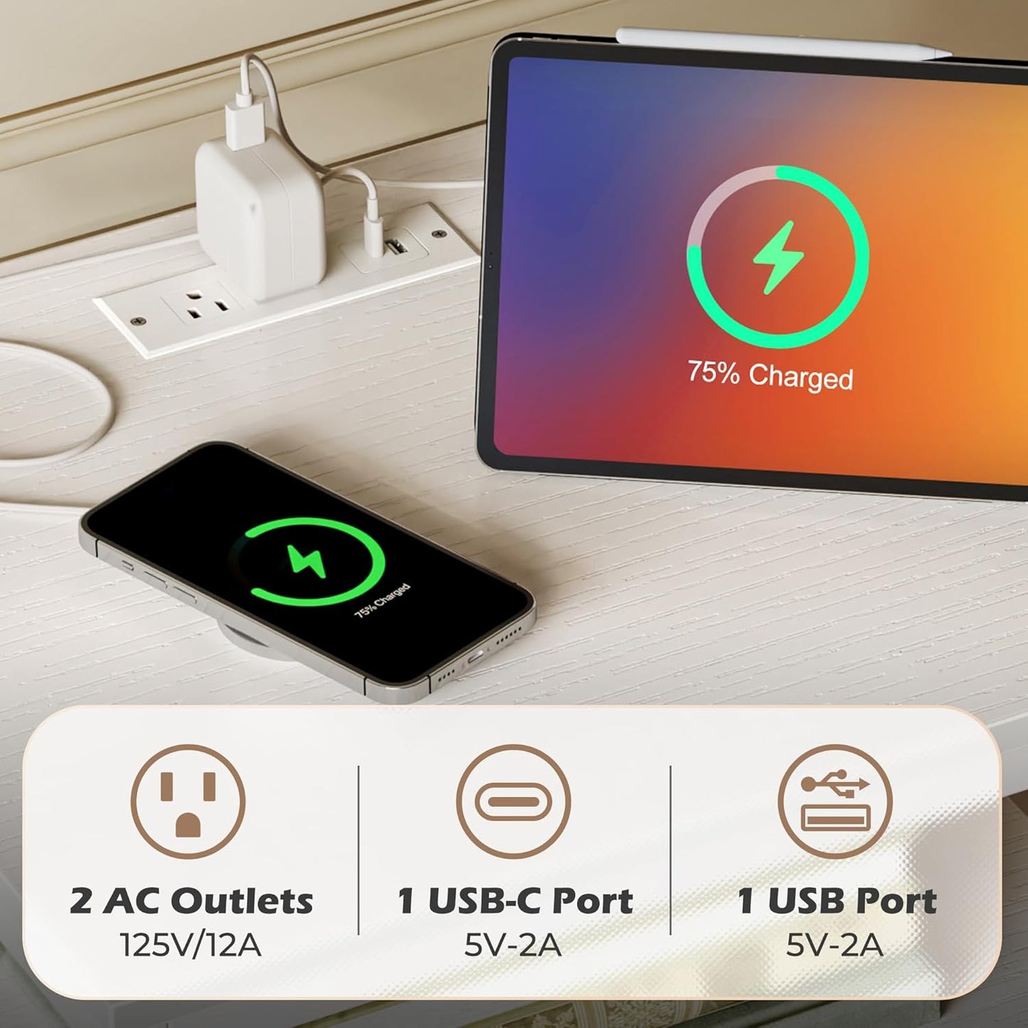 SUPERJARE Nightstand with Charging Station, White Night Stand with Adjustable Drawers, 17.7 Inches Wider Side Table for Bedroom, 3-Tier Storage End Table with Open Shelf, PU Leather Surface