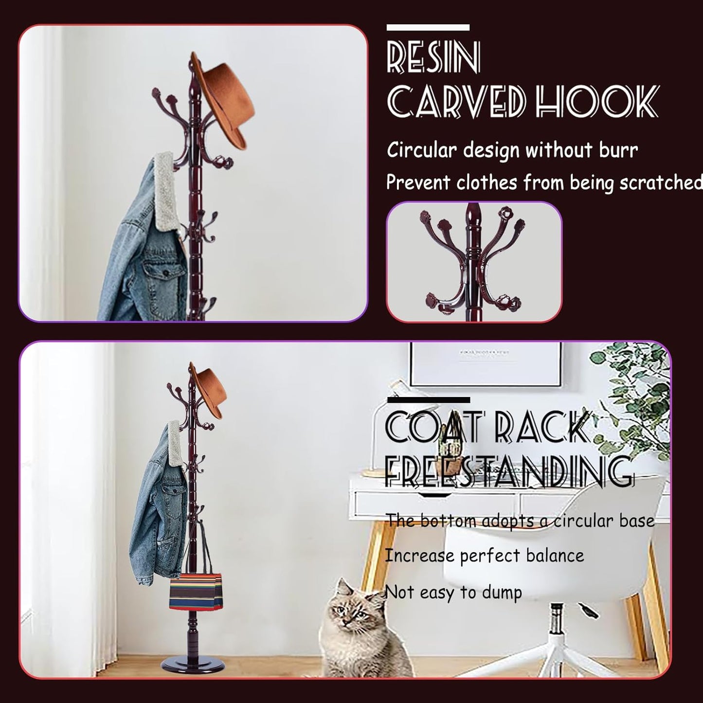 72 in Wood Coat Rack, Coat Rack Freestanding with Stable Round Base, Adjustable Height Tree Coat Racks Stand for Home Bedroom Office Hallway Entryway (Rosewood Ruyi Hook)