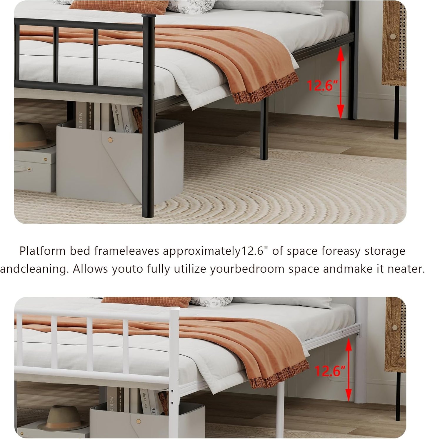 Metal Platform Queen Bed Frame with Headboard Sturdy Steel Slats Support No Box Spring Needed Easy Assembly White