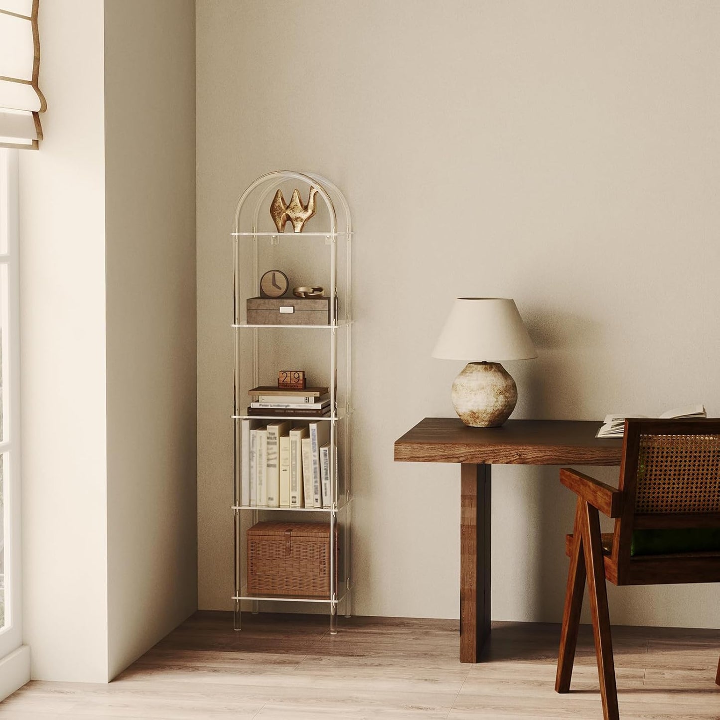 5-Tier Acrylic Arched Bookcase, Clear Narrow Bookshelf for Small Space, 13.8''W x 11.8''D x 57.1''H, Open Display Book Shelves for Home Office, Living Room, Bedroom, Modern