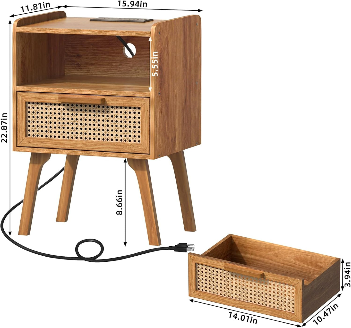 Lerliuo Rattan Nightstand with Charging Station, Side Table with Drawer, Cane Accent Bedside End Table with Solid Wood Legs, Night Stand for Bedroom, Dorm and Small Spaces (Tea Brown)