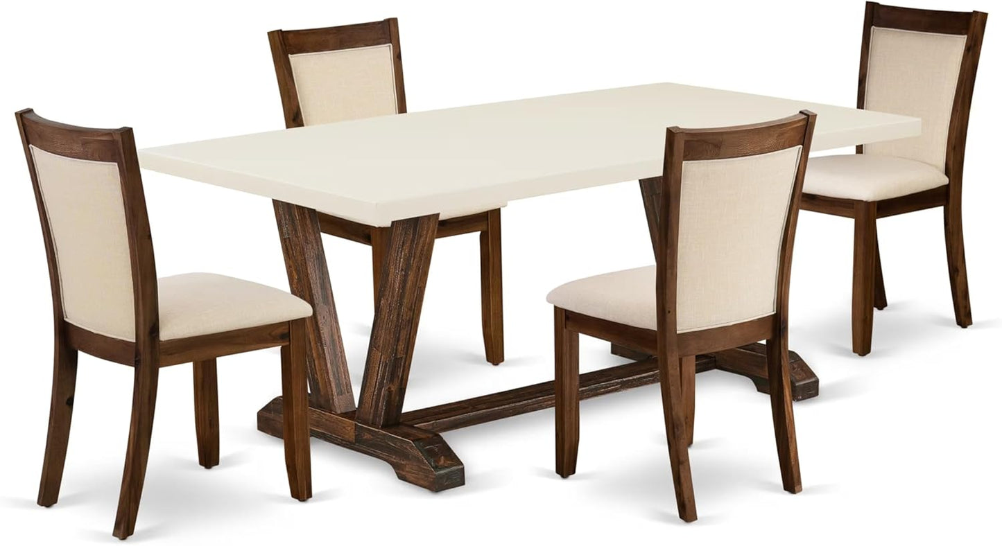 East West Furniture V727MZN32-5 5 Piece Dinette Set Includes a Rectangle Dining Room Table with V-Legs and 4 Light Beige Linen Fabric Parsons Dining Chairs, 40x72 Inch, Multi-Color