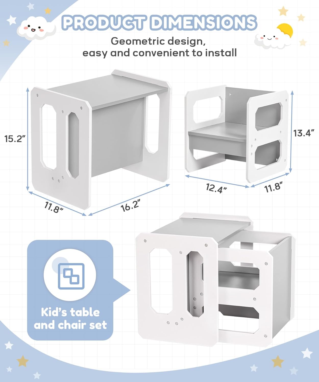 Kids Table and Chair Set, 3-in-1 Wooden Children's Furniture, Water Resistant, Easy to Clean,Toddler Weaning Table for Bedroom, Playroom, Living Room (Grey and White)