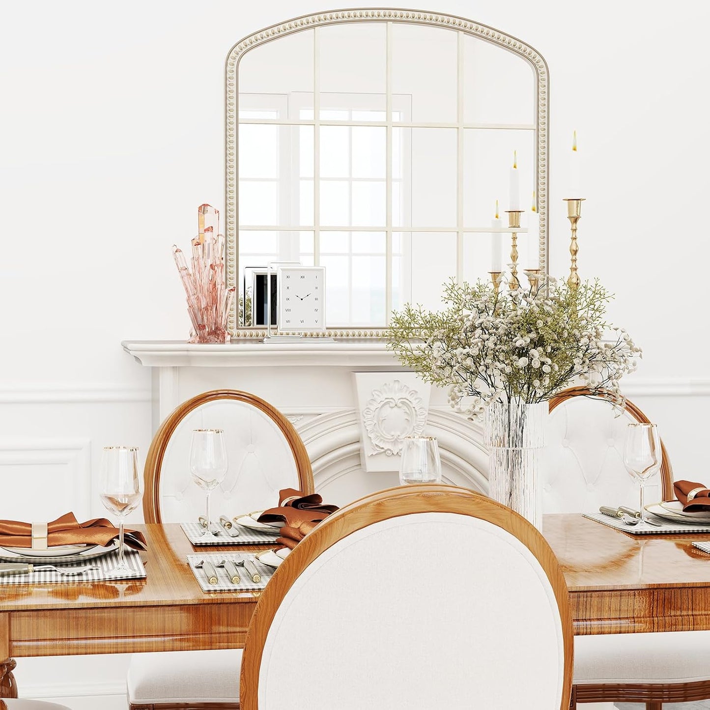 36''x36'' Wooden Wide Arched Mirrors for Wall with Window Girds, Large Farmhouse Decorative Mirror for Living Room, Entryway, Hallway, Fireplace, Bathroom