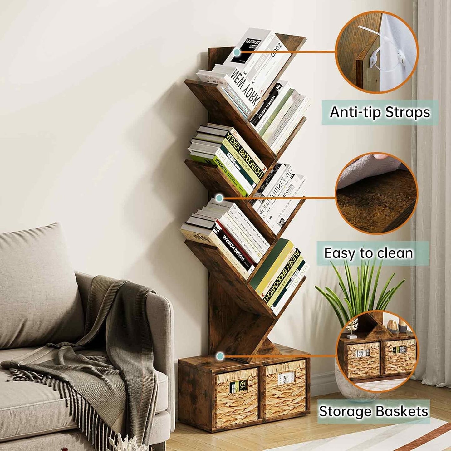 Vagusicc 6 Tier Tree Bookshelf, Small Bookcase with Storage Cabinet, Modern Tall Narrow Bookshelves Organizer, Floor Standing Book Shelf for Bedroom/Living Room/Home Office/Corner, Rustic Brown