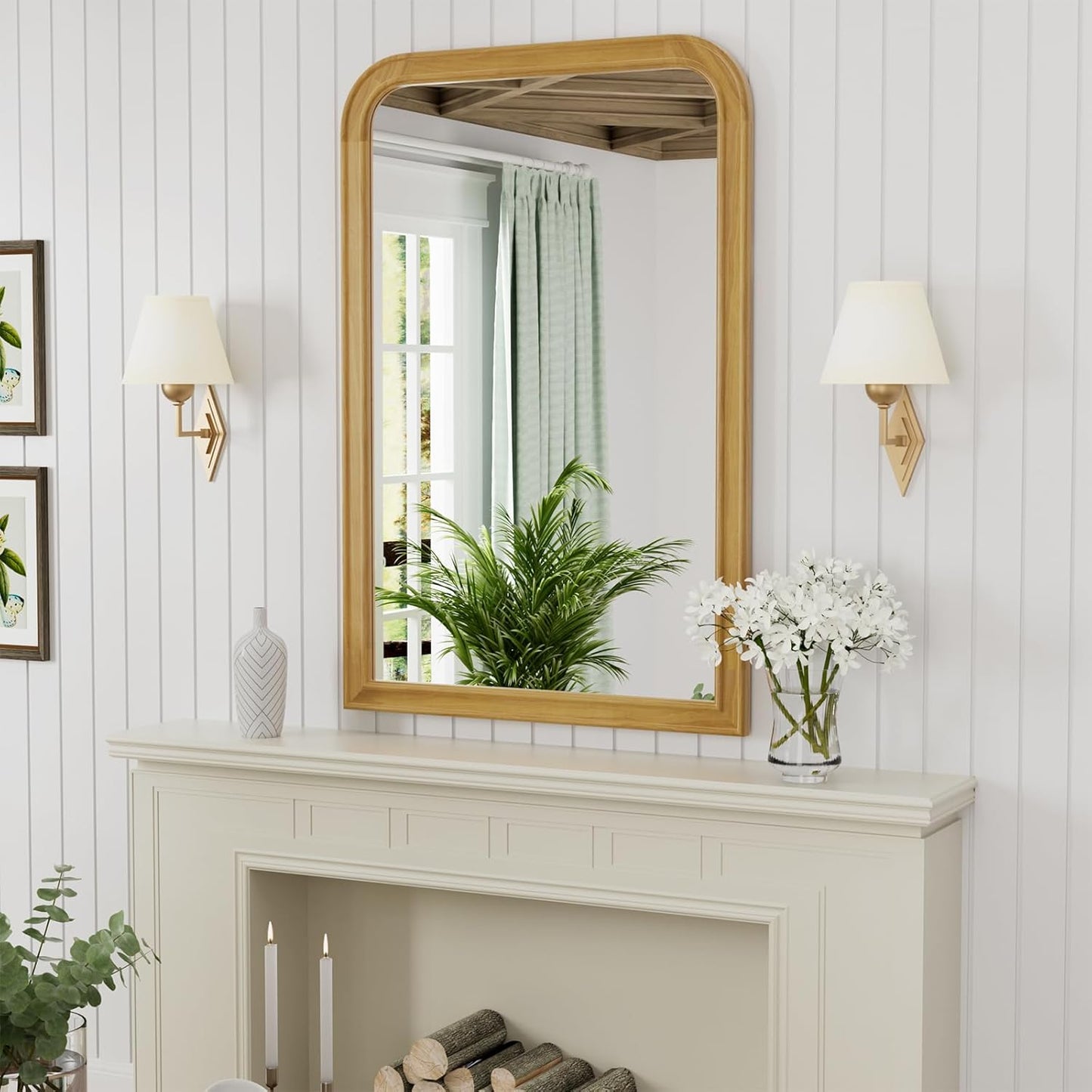 WallBeyond Wood Bathroom Mirror 20" x 30" Wooden Arched Wall Mirror Farmhouse Style Bathroom Vanity Mirror for Home Decor Rectangle Mirror (Natural)