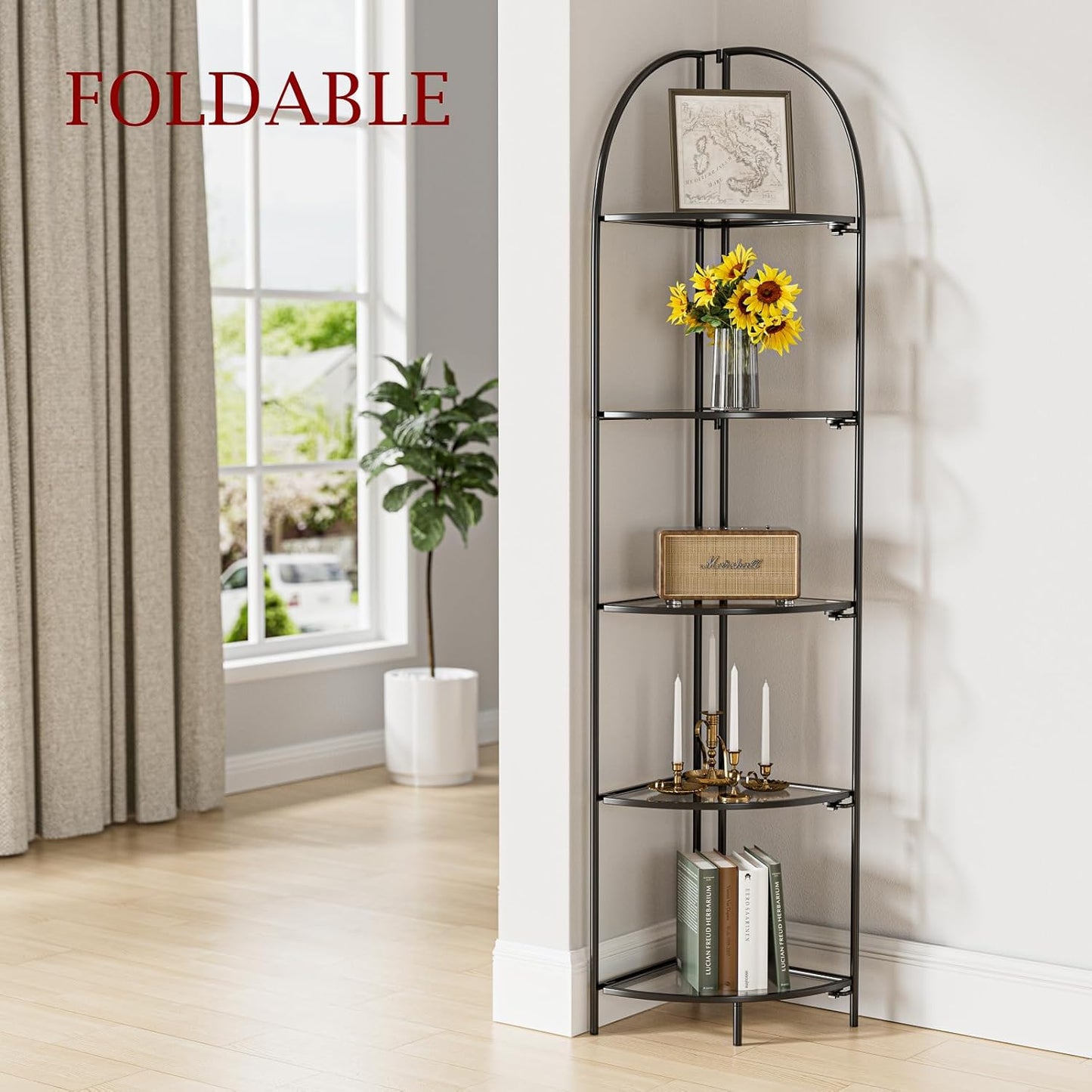 Crofy Foldable 5 Tier Corner Shelf, Metal Corner Plant Stand with Black Frame and Transparent Shelves, Corner Display Rack Multipurpose Shelving Unit for Living Room, Bedroom, Bathroom