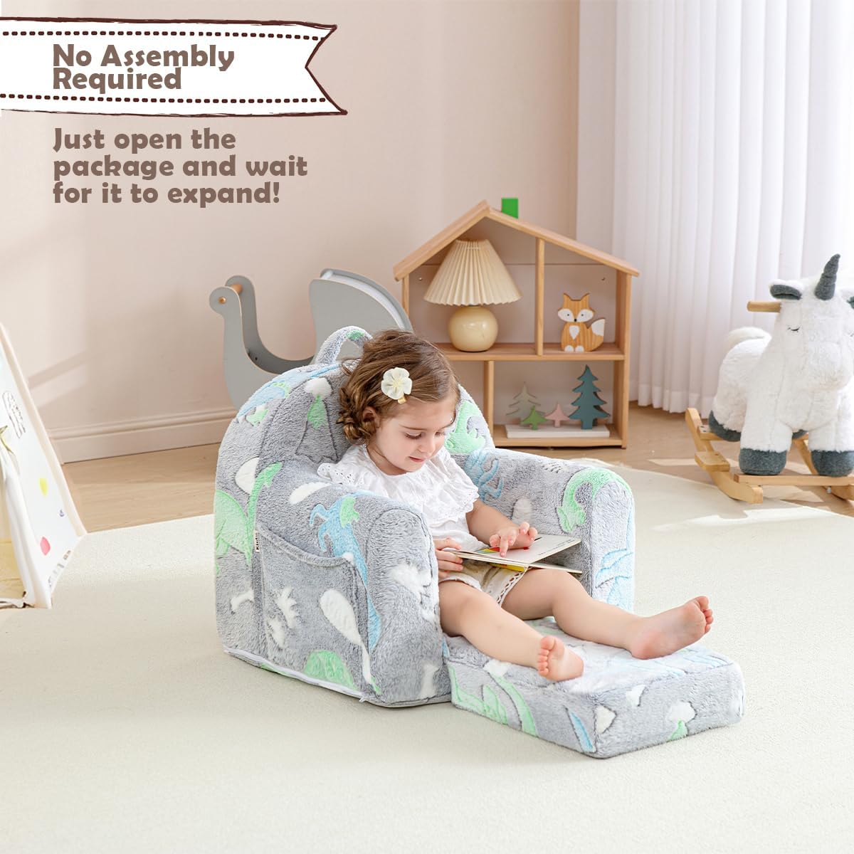 Toddler Chair Comfy,Toddler Couch Fold Out, 2-in-1 Kids Sofa,Flip Out Kids Couch,Sofa Convertible,Children Reading Chair for Age 1-3(Grey Dino)