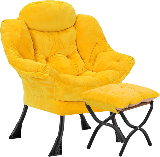 Lazy Chair with Folding Ottoman,Leisure Sofa Chair,Soft Fabric Armchair with Armrests and Side Pockets, Reading Chair with Footrest for Living Room, Bedroom, Office (Plush Yellow)