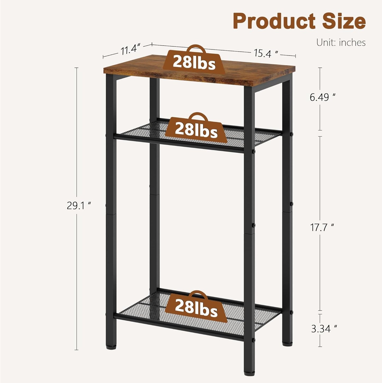 Hoctieon 3 Tier End Table, Telephone Table, Narrow Side Table with Storage, Nightstand for Small Spaces, Metal Frame, For Living Room, Bedroom, Sofa Couch, Hall, Easy Assembly, Rustic Brown