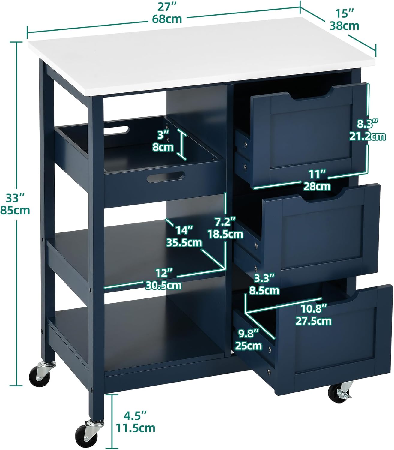 YITAHOME Small Solid Wood Top Kitchen Island Cart on Wheels with Storage, Rolling Portable Dining Room Serving Utility Carts Mobile Movable with 3 Drawers Cabinet, Navy Blue