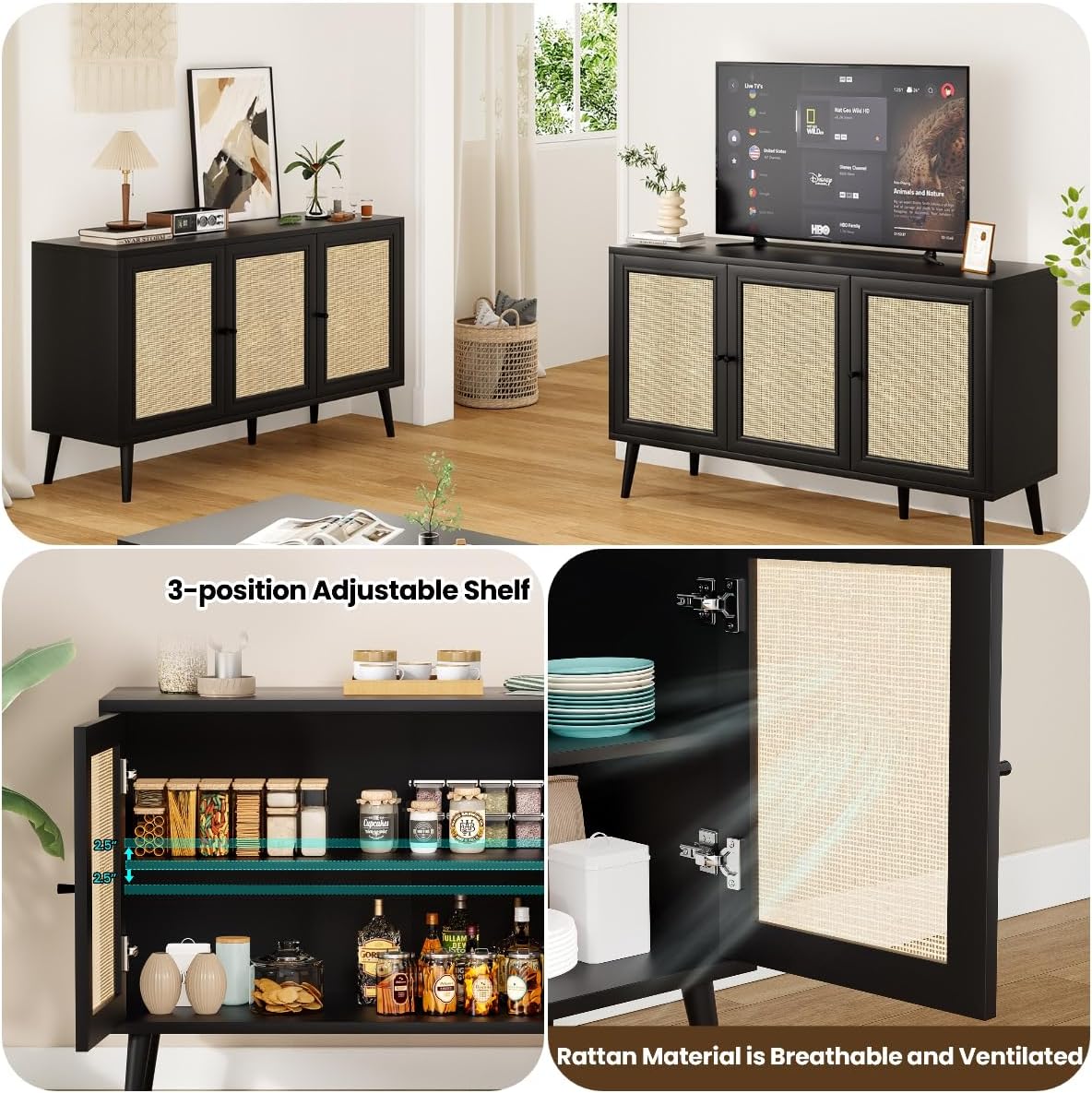 Rattan Entryway Table, Entertainment Center with Adjustable Shelf, Sideboard Buffet Cabinet with 3 Rattan Doors, Modern Console Cabinet with Large Storage for Living Room, Kitchen, Black
