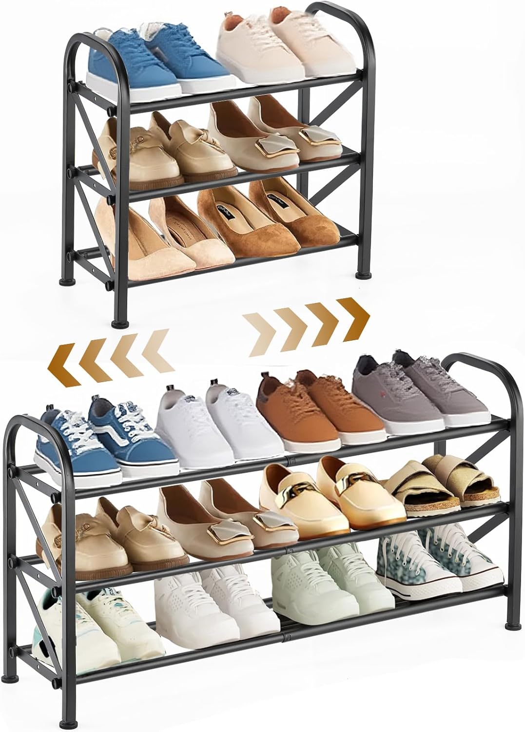 3-Tier Expandable Shoe Rack for Closet，Adjustable Shoe Rack，Black Metal Free Standing Shoe Rack for Entryway Closet Doorway