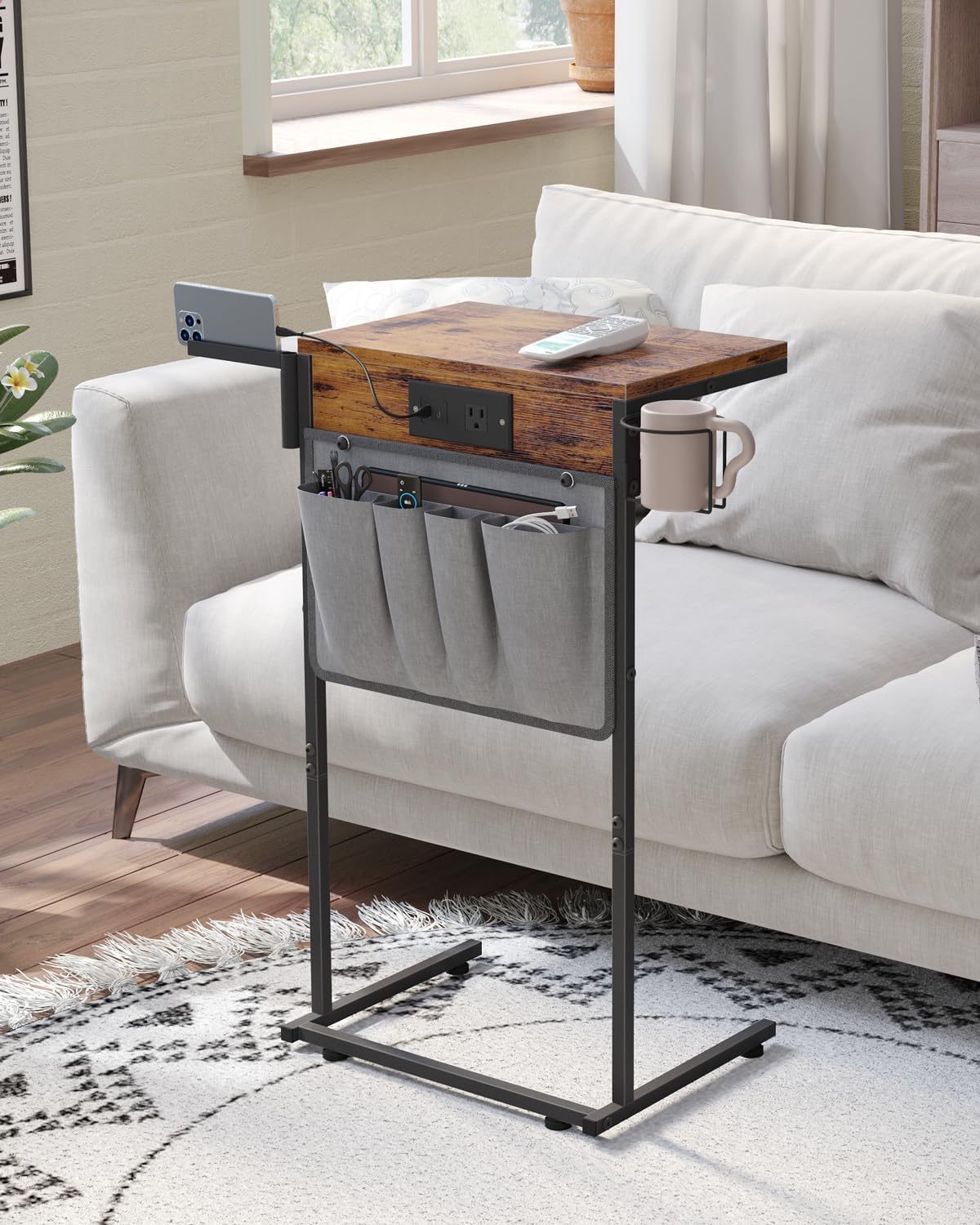 C Shaped End Table with Charging Station, Small TV Tray with Cup Holder and Phone Holder, Couch Side Tables that Slide Under with Storage Bag for Sofa, Recliner, Rustic Brown