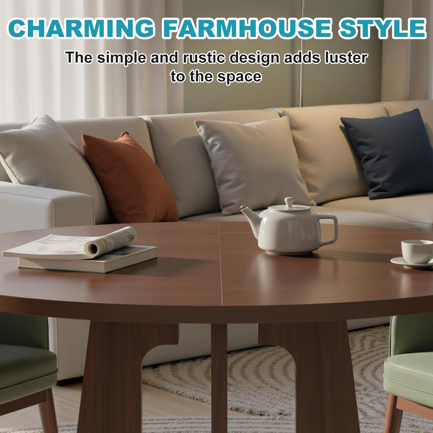 47" Round Dining Table for 4-6, Modern Small Dinner Table Farmhouse Round Kitchen Tables with Wood Grain Finish for Dining Room, Kitchen, Living Room, Walnut Brown