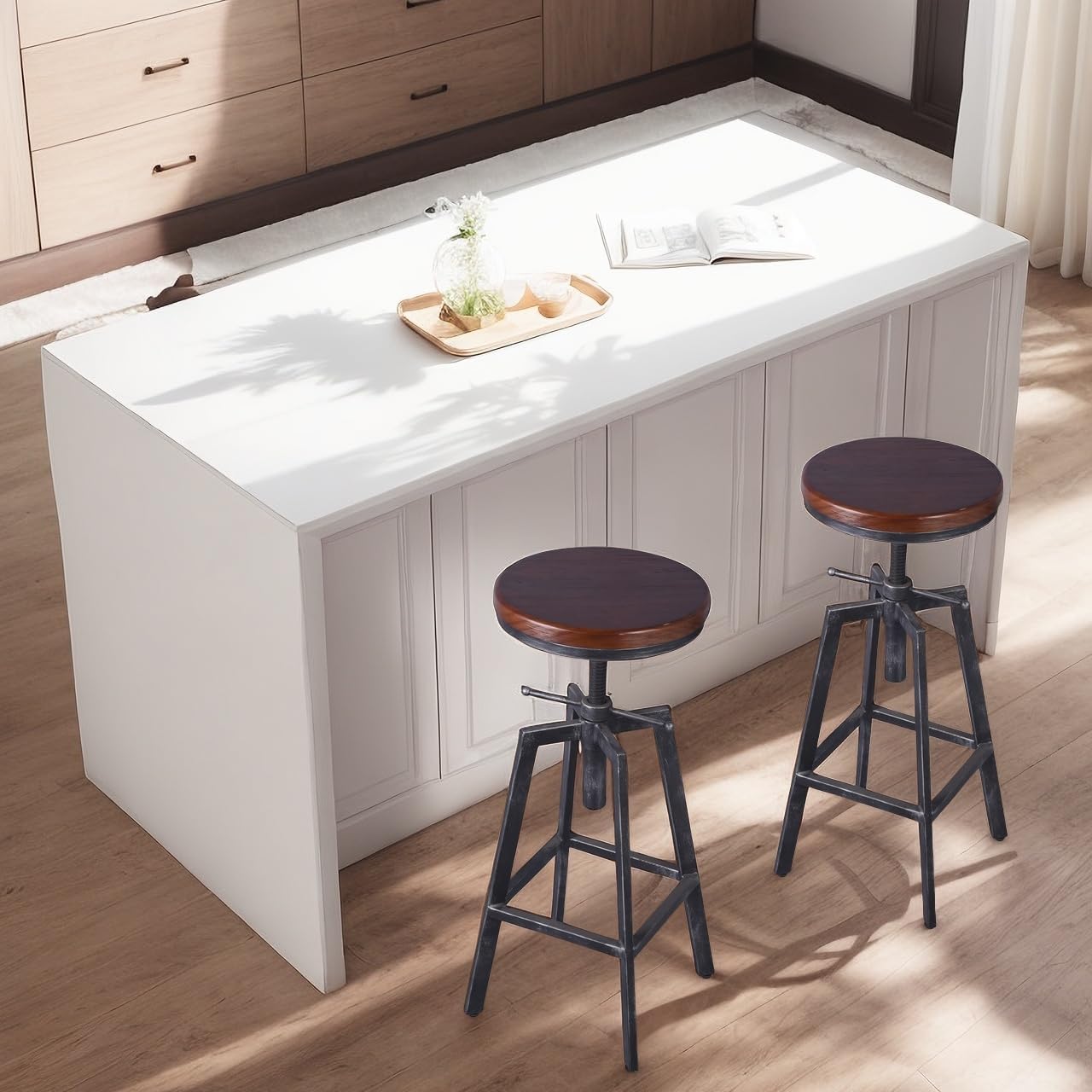 Set of 2 Industrial Bar Stools 25.6-30.5inch Counter Bar Height Adjustable Swivel Wooden Seat Kitchen Dining Chairs