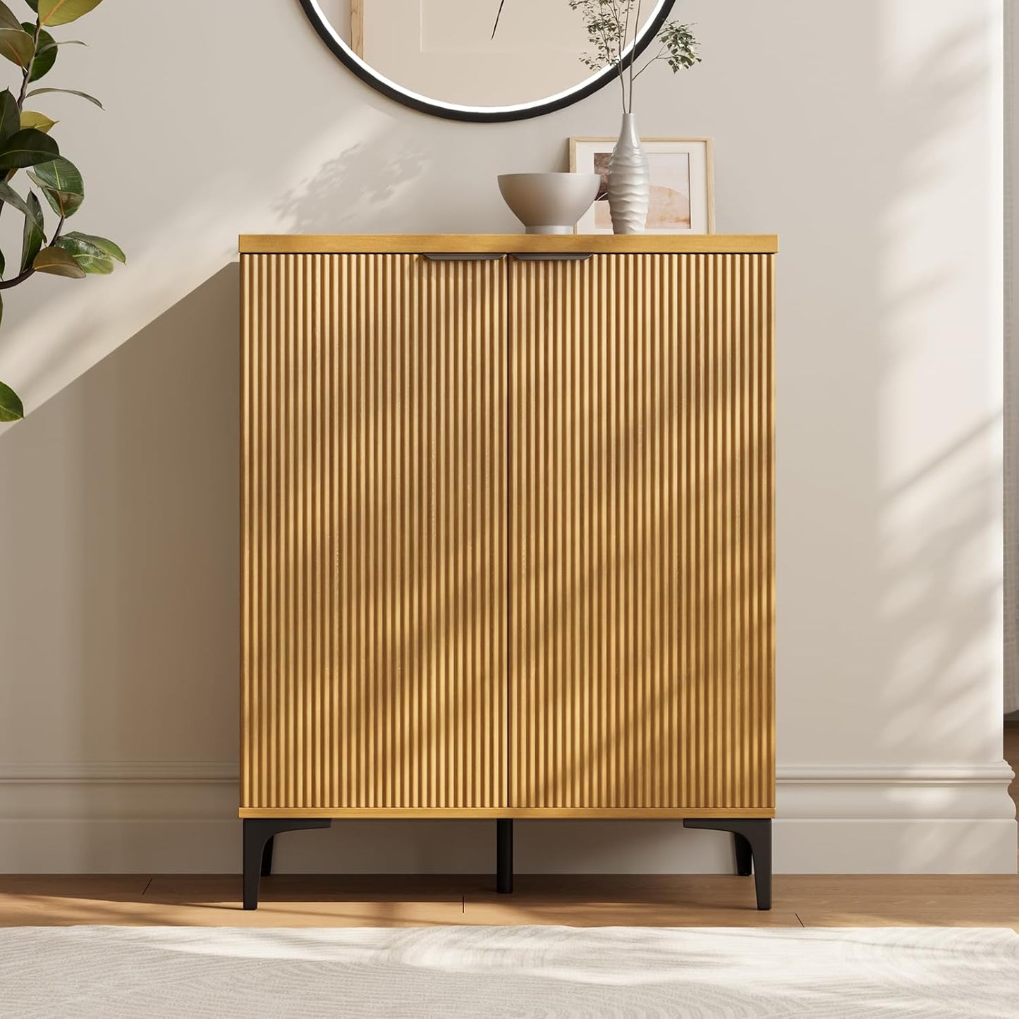 Fluted Sideboard Buffet Cabinet, 2 Doors Side Board Storage Cabinet, Buffet Cabinet with Line Groove Design,Side Board with Metal Legs and Handle, Buffet for Entryway, Natural Wood