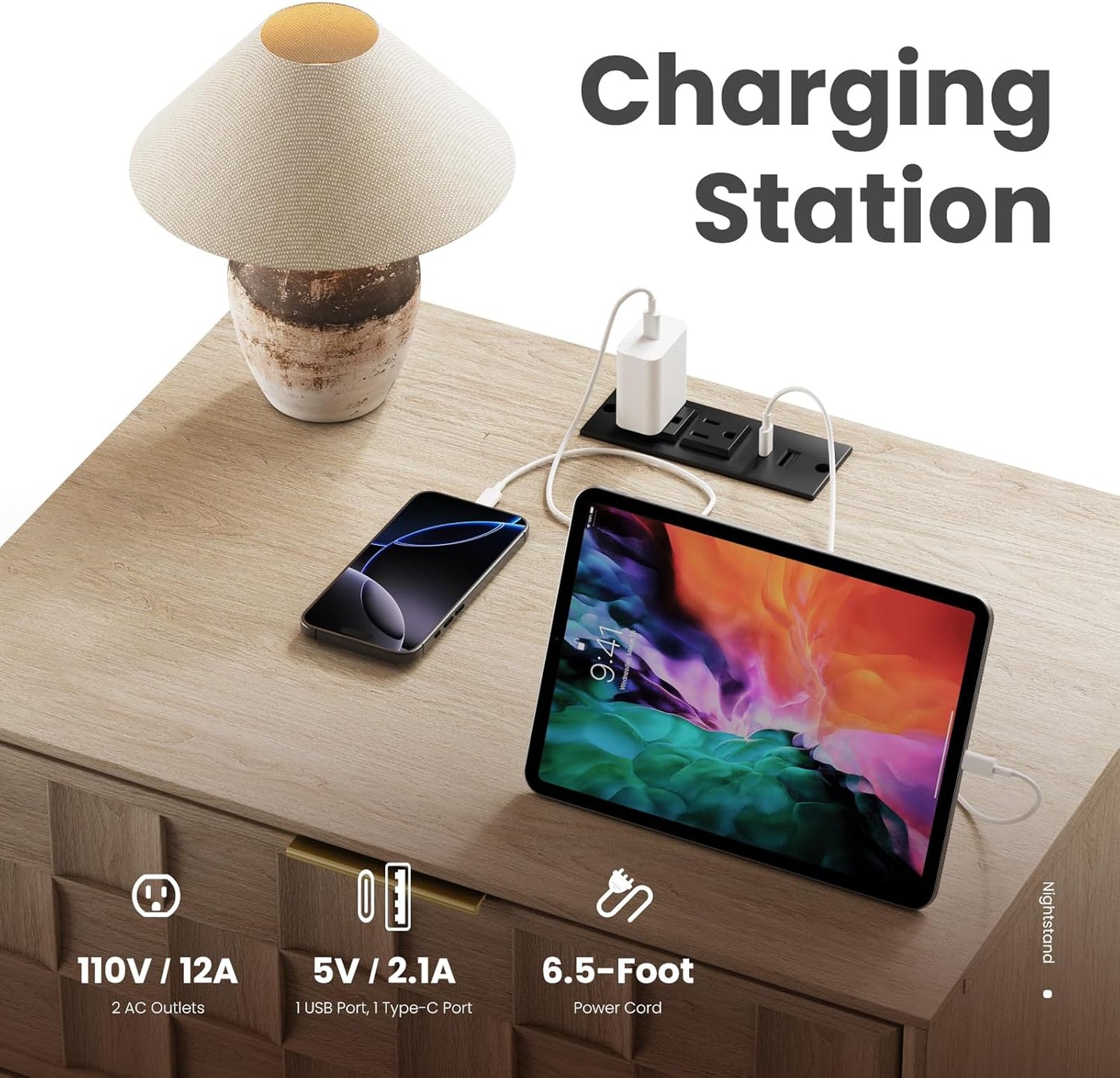 COLAMY Nightstand with Charging Station, 22" Modern Bed Side Table with 2 Storage Drawers and Chessboard Relieffor Bedroom, Dorm and Small Spaces - Oak