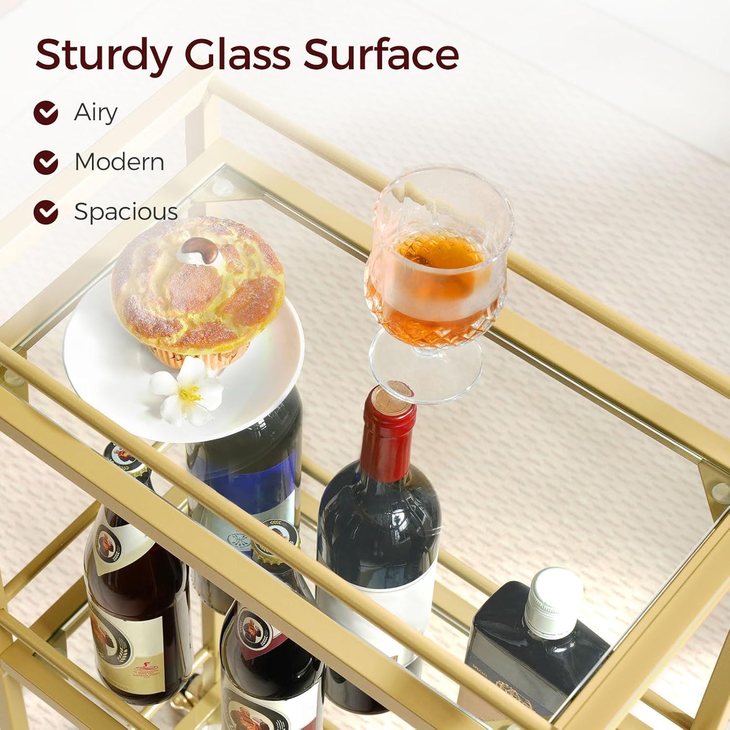 Bar Cart for The Home, 3-Tier Drink Cart on Wheels, Home Bar Serving Cart, Mini Bar Cart for Small Space, Kitchen, Dining Room, Gold RCJ40B01