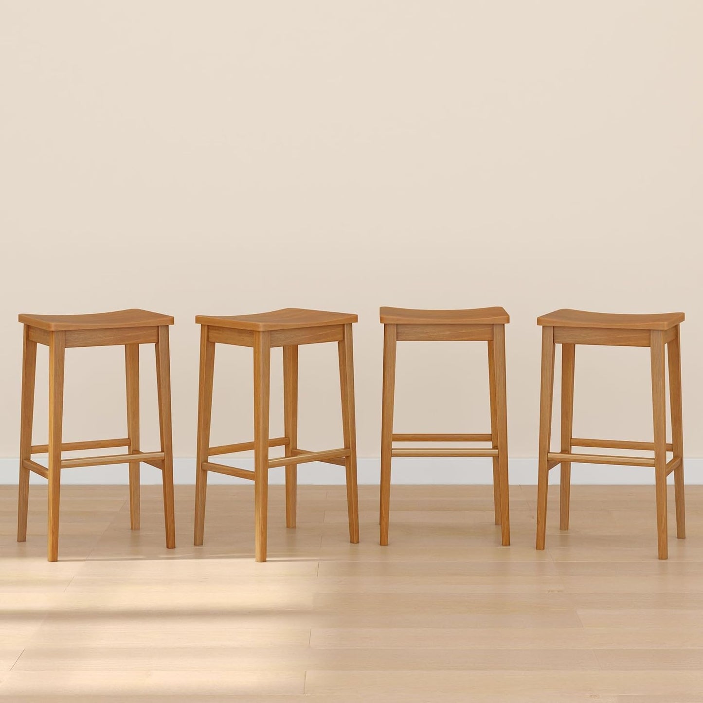 Plank+Beam Smythe Bar Stool, 30", Set of 4, Sturdy Wood Modern Kitchen Bar Height Stool, Saddle Seat Backless Bar Chair, Metal Footrest, Pecan