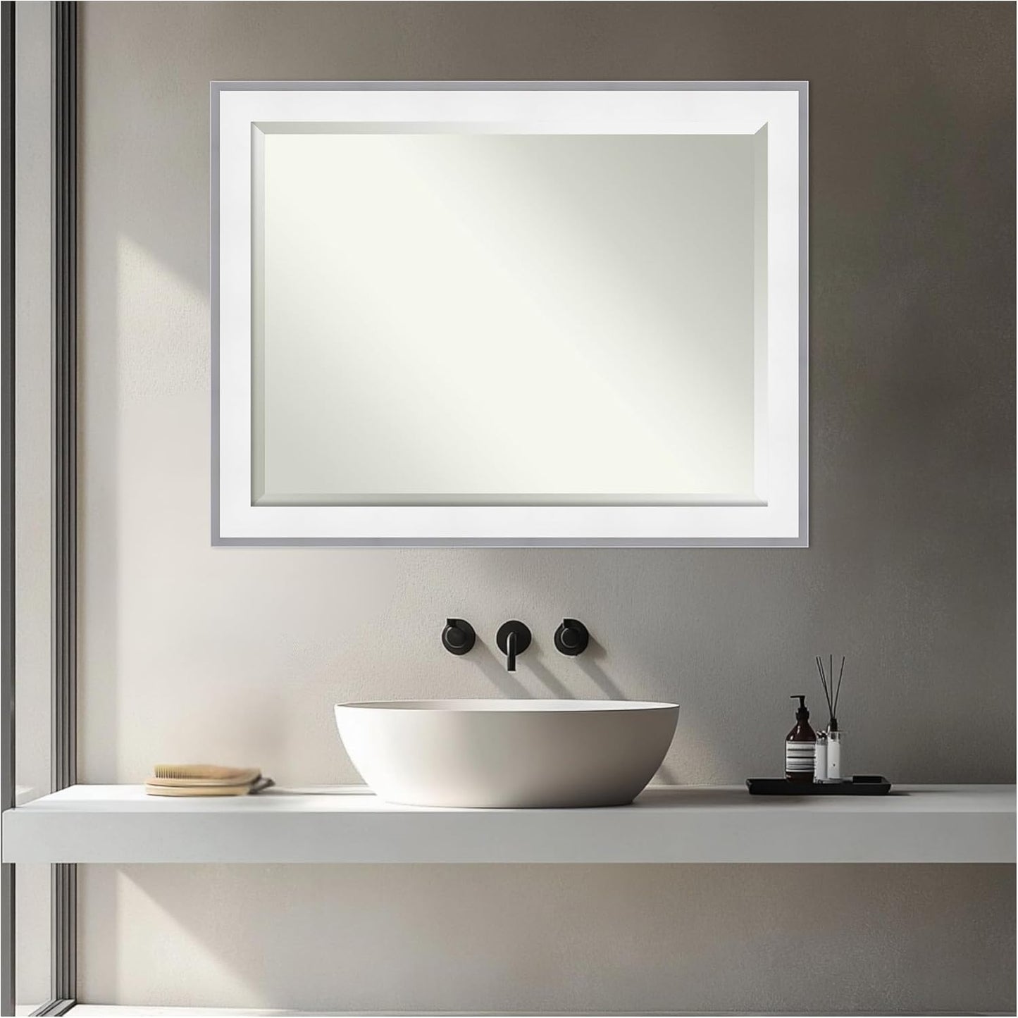 Amanti Art Bathroom Mirror for Over Sink, 27x21 Maya White Silver Rectangle Vanity Mirror, Medium Modern Contemporary Frame, Hangs Horizonally and Vertically, Bathroom Wall Decor, Beveled Edge