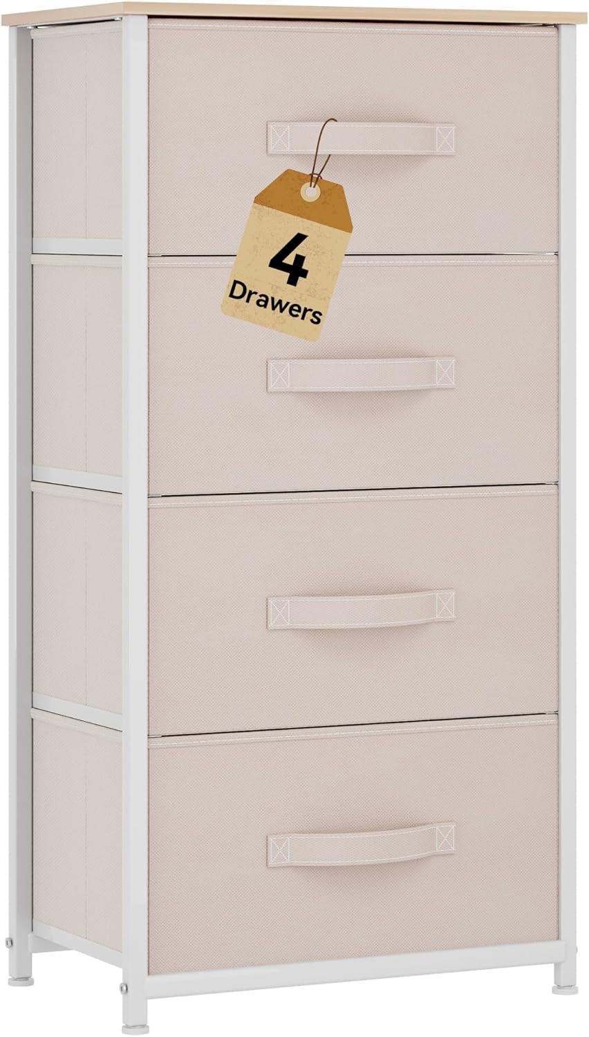 DWVO Storage Tower with 4 Drawers - Fabric Dresser, Organizer Unit for Bedroom, Living Room, Closets - Sturdy Steel Frame, Easy Pull Fabric Bins & Wooden Top (Cream White)