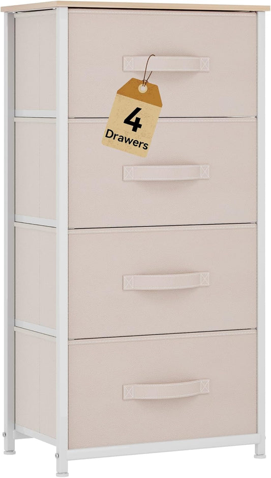 DWVO Storage Tower with 4 Drawers - Fabric Dresser, Organizer Unit for Bedroom, Living Room, Closets - Sturdy Steel Frame, Easy Pull Fabric Bins & Wooden Top (Cream White)