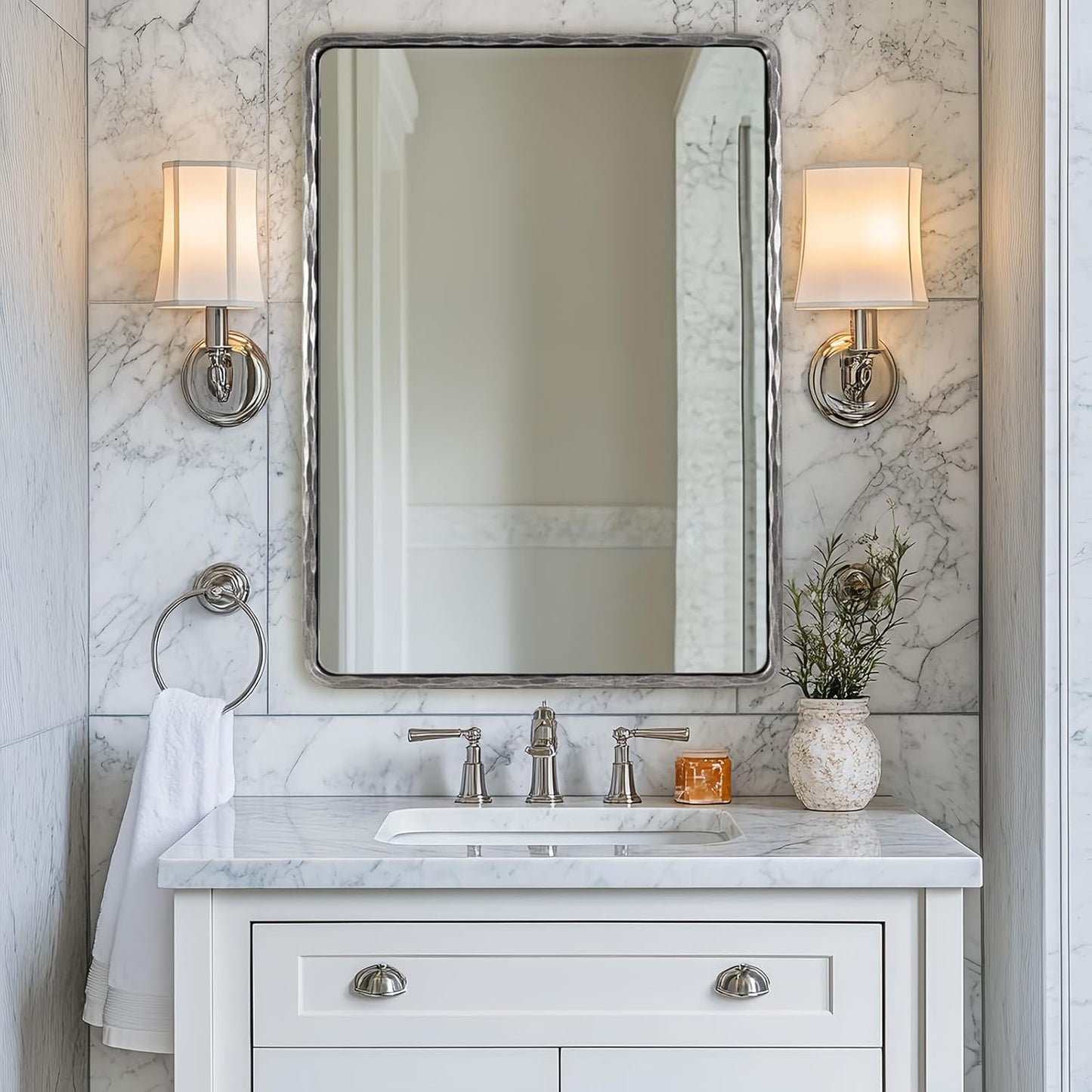 ANDY STAR Hand-Forged Silver Bathroom Mirrors for Wall, 30x40 Inch Vintage Solid Steel Metal Frame Bathroom Vanity Mirror, Antique Rounded Rectangle Wall Mirror, Hangs Horizontally or Vertically