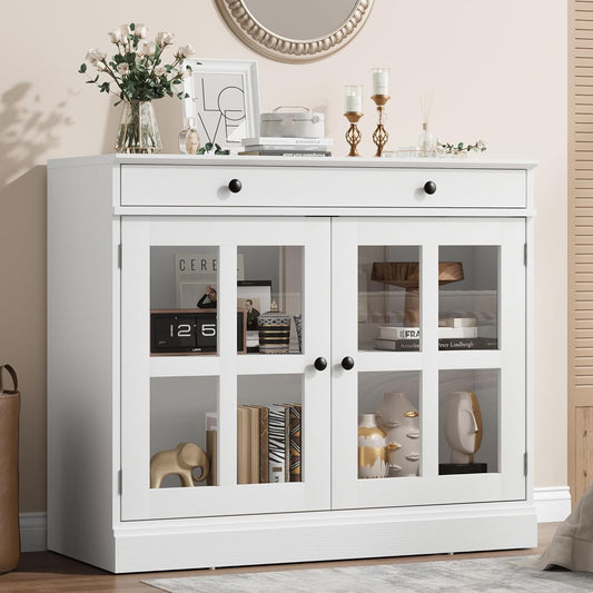 GarveeHome 35.4" Sideboard Buffet Cabinets with Glass Door, Buffet Cabinet with Storage, White Sideboard Cabinet with Drawer, Modern Buffets & Sideboards for Dining Room, Kitchen