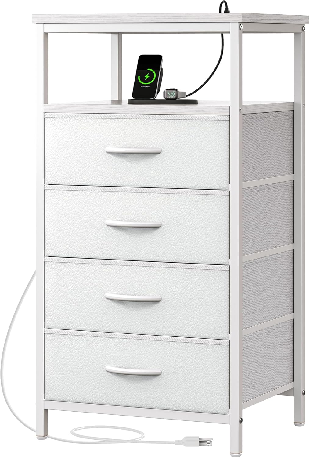 Huuger Night Stand with Charging Station, Multiple Drawer Dresser for Bedroom, Bedside Table, Tall Nightstand with PU Leather Finish, Open Shelf, End Table, for Closet, Entryway, Bedroom, White