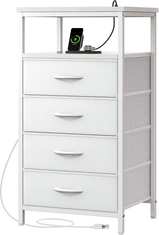 Huuger Night Stand with Charging Station, Multiple Drawer Dresser for Bedroom, Bedside Table, Tall Nightstand with PU Leather Finish, Open Shelf, End Table, for Closet, Entryway, Bedroom, White