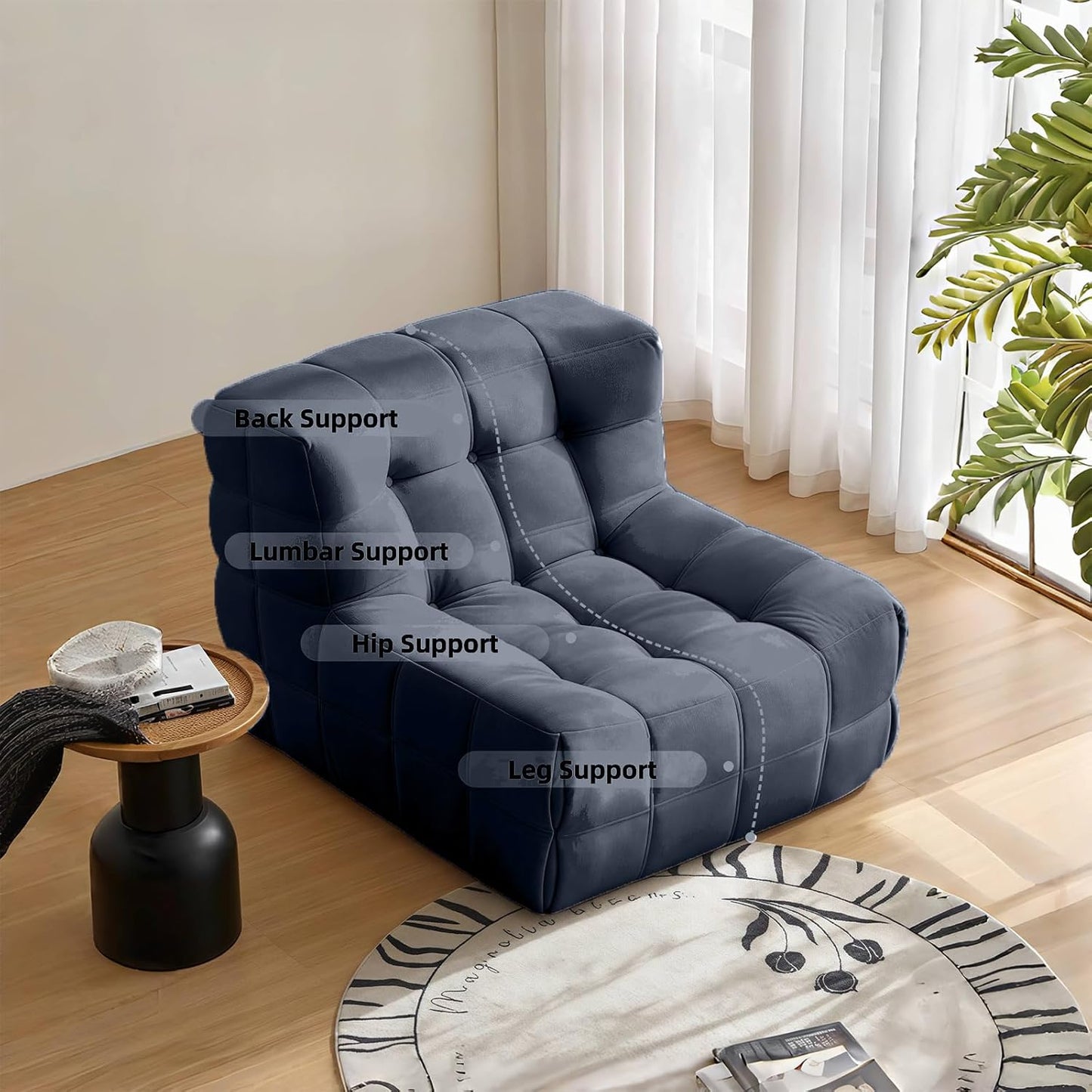 Bean Bag Chair - Memory Foam Bean Bag Chair for Adults, Comfy High-Resilience Single Sofa, Small Space Floor Chair, Chaise Lounge for Living Room, Bedroom (Dark Blue, Square)