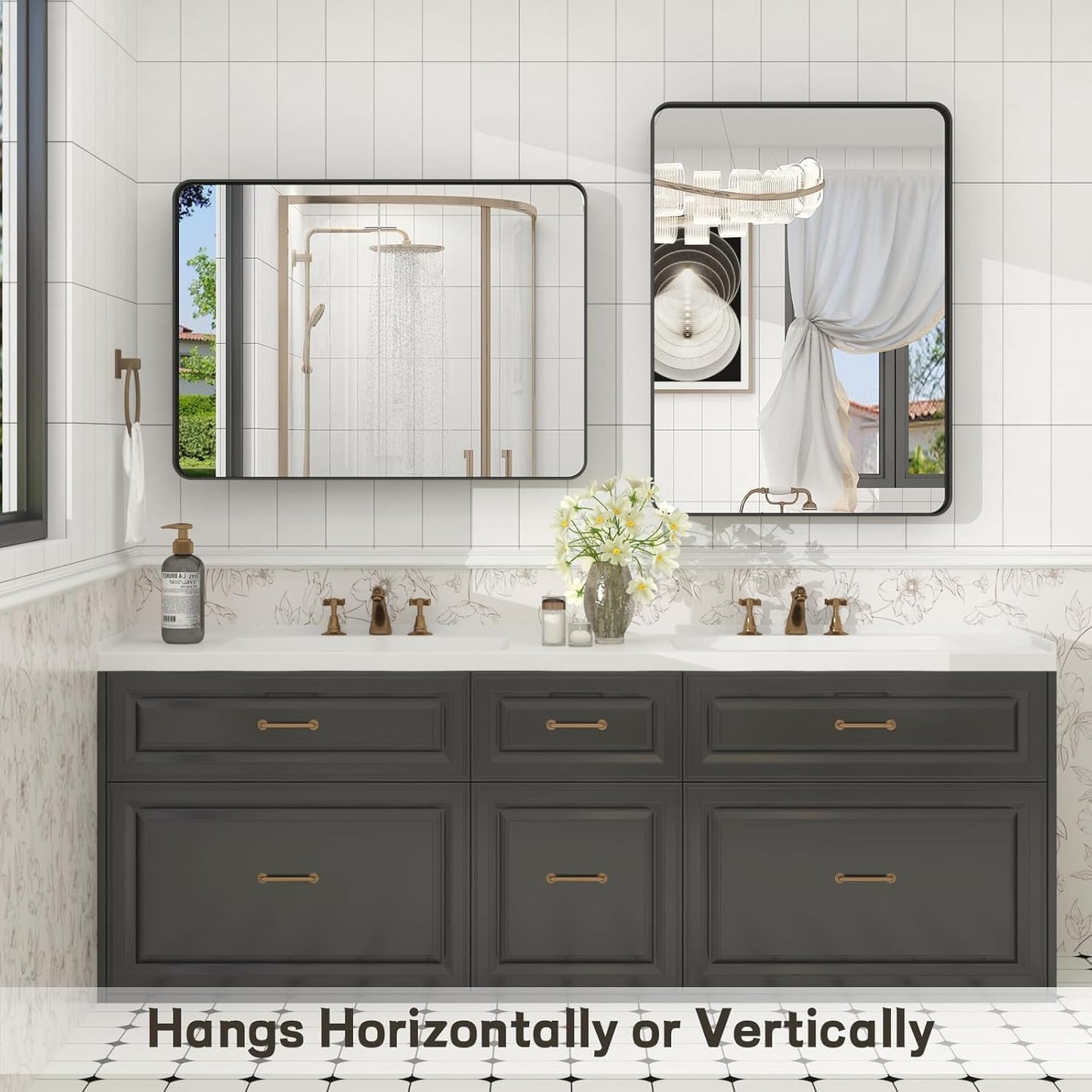 32x36 Inch Black Framed Bathroom Mirror for Wall, Matte Black Metal Frame Vanity Mirror, Rounded Corner Rectangle Bathroom Mirror, Anti-Rust, Shatterproof (Horizontal/Vertical)