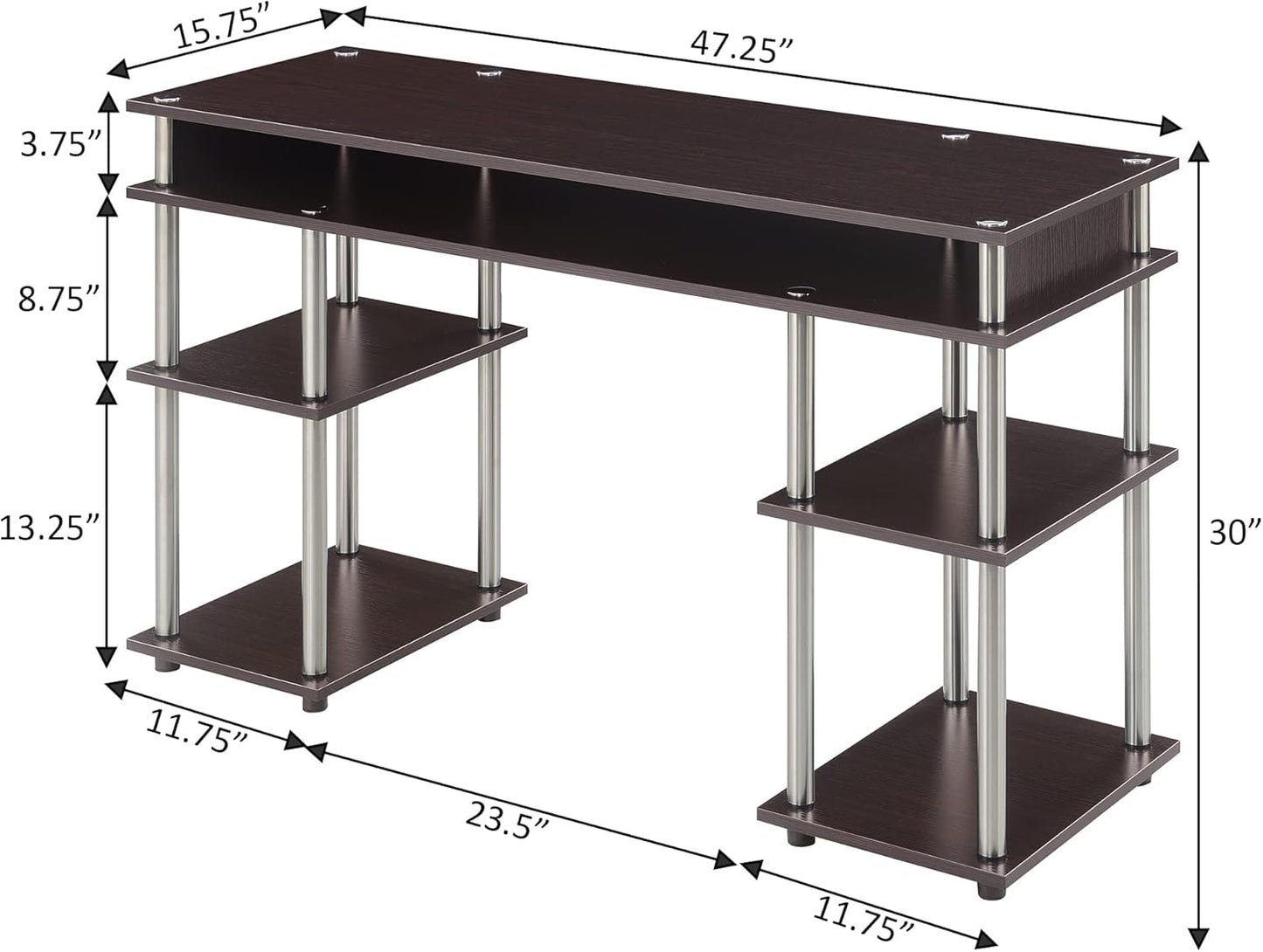 Convenience Concepts Designs2Go No Tools Desk Home Office Desk with Shelves, Corner Shelf Vanity Desk Computer Desk Nail Table for Nail Tech - 47.25" L x 15.75" W x 30" H, Espresso