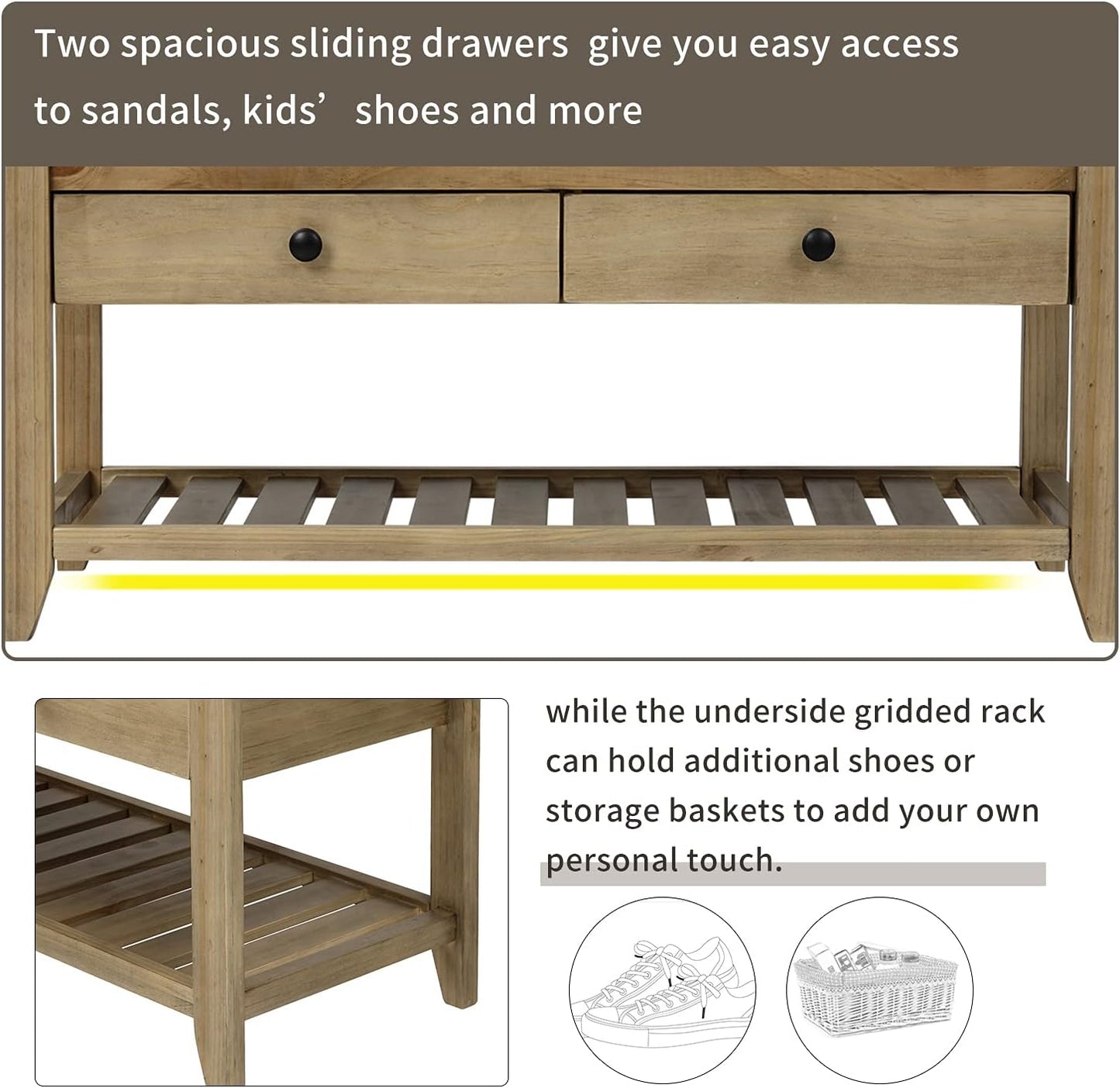 39″ Storage Bench with Cushioned Seat and Drawers,Multipurpose Wooden Entryway Ottoman,Hidden Compartment Organizing Shoe Rack,for Bedroom Hallway Porch,Gray