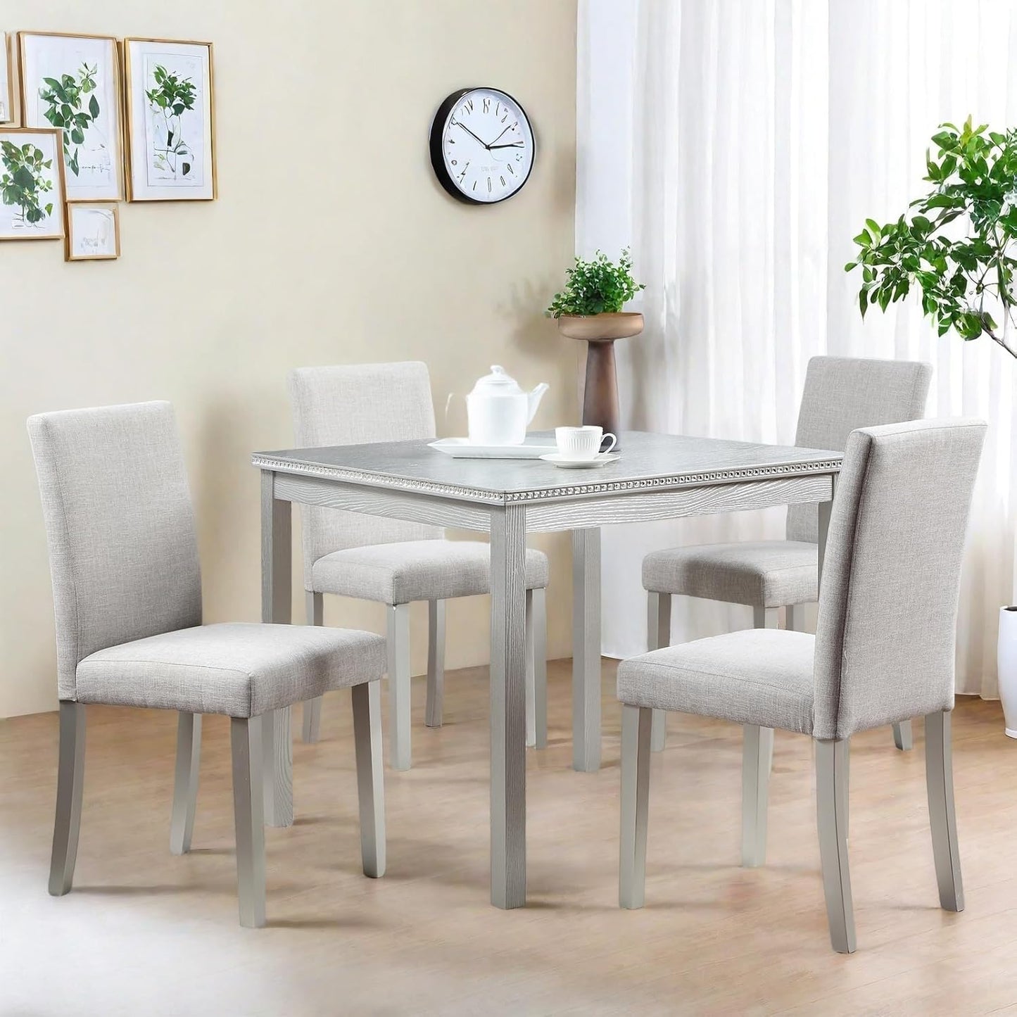 Dining Table Set for 4, 5-Piece Dining Room Table Set with Square Crystal Decoration Table & 4 Upholstered Backrest Chairs, Counter Height Kitchen Sets with Faux Wood Grain Design, Silver Gray