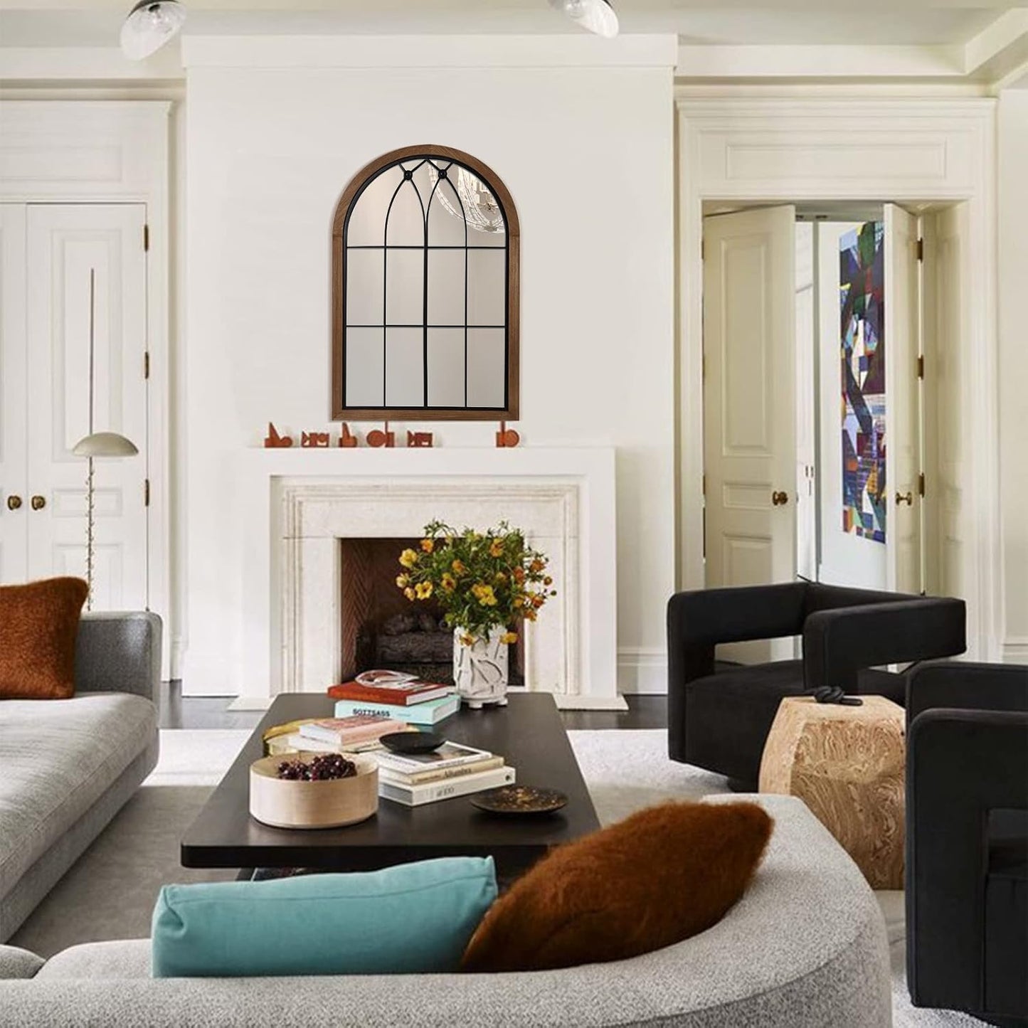 blue page Arched Mirror, Farmhouse Wall Decor, Rustic Wood Framed Accent Mirror Like Window for Bathroom Vanity, Bedroom, Entryway, or Living Room