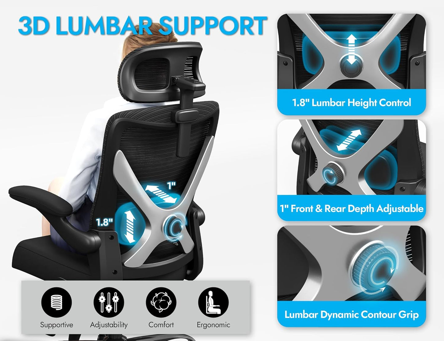 Ergonomic Office Chair - X-Shaped Computer Desk Chair Comfy, Gaming Chair, Office Chair with Lumbar Support, Mesh Office Chairs with Headrests, Desk Chair for Long Hours (Black Silver)