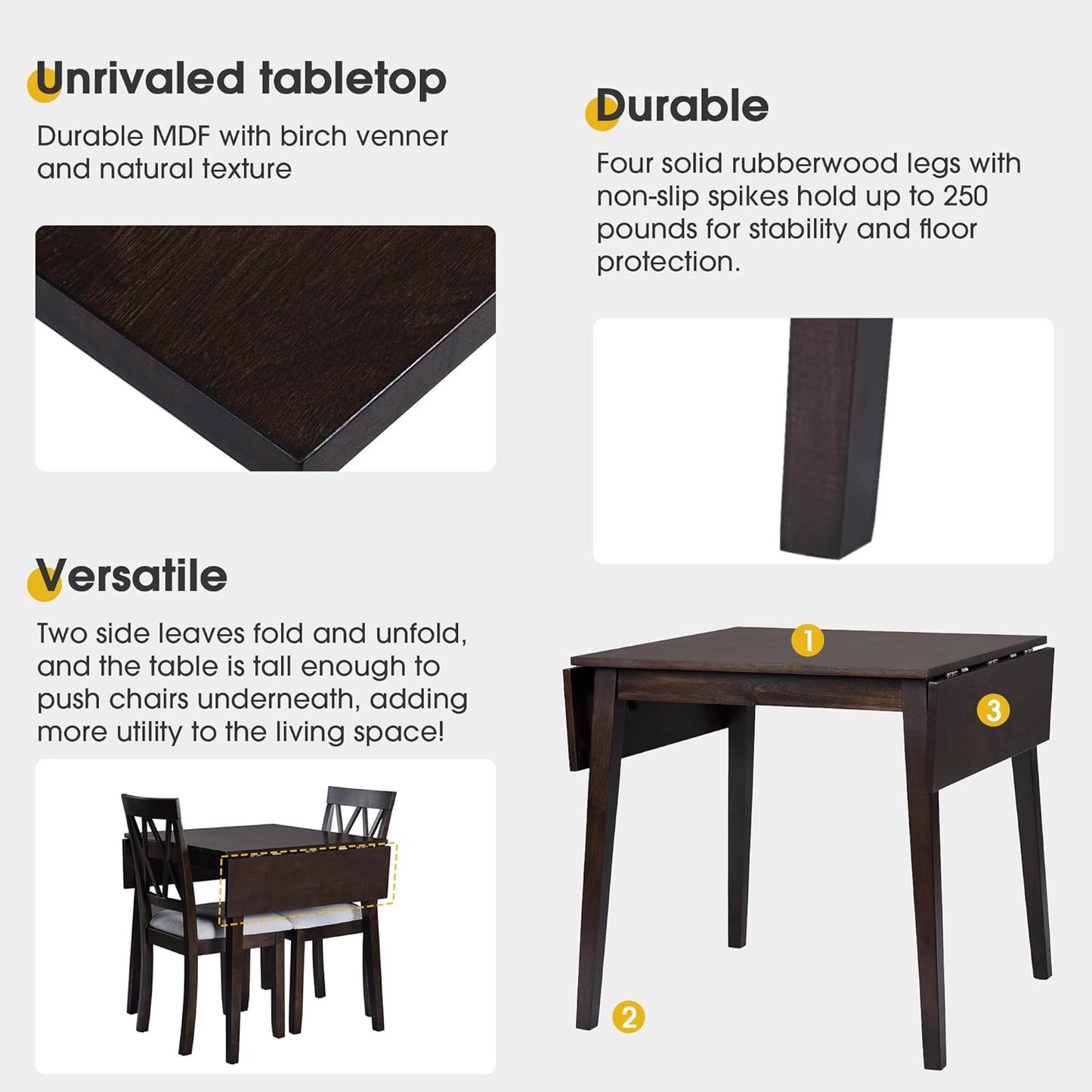 Merax Farmhouse Wooden Dining Set of 3, 45.6 inch Extendable Kitchen Table with Drop Leaf, 2 Chairs with Backrest for Small Space, Easy Assemble Espresso