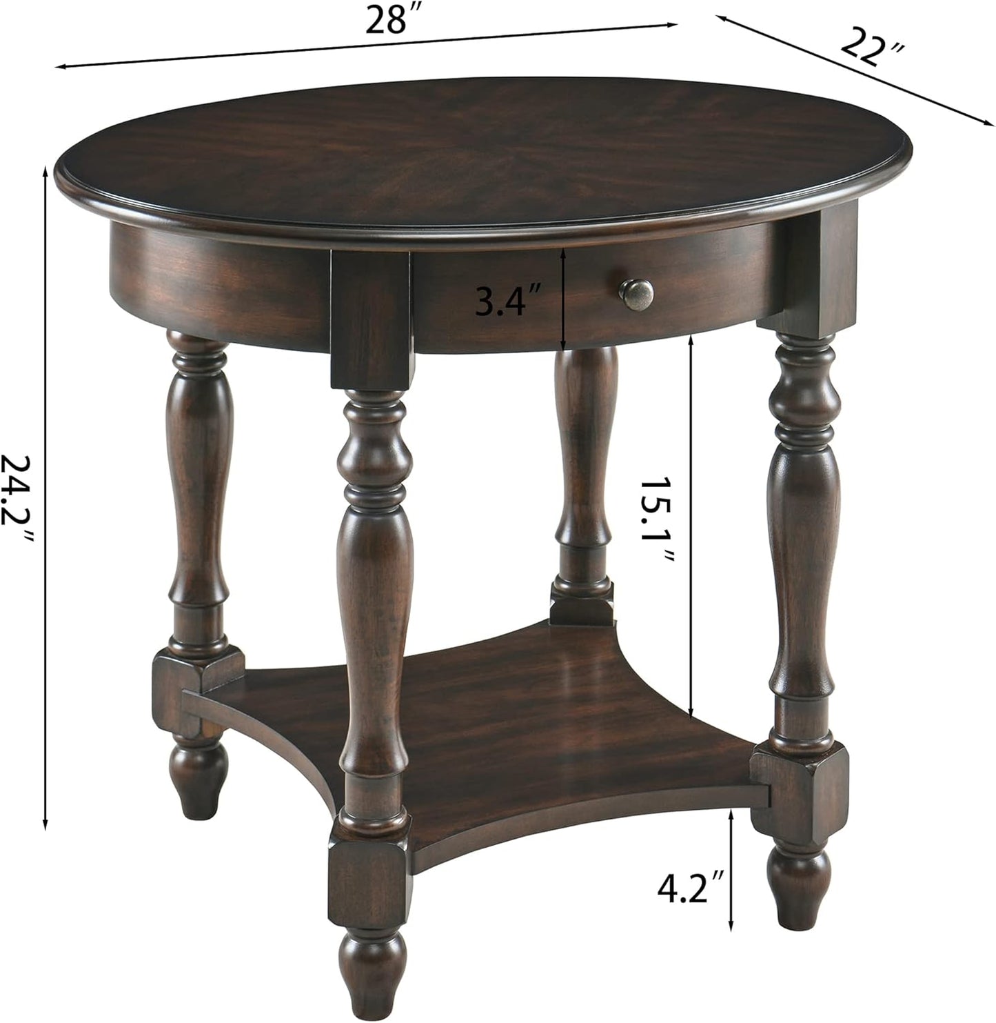LEEMTORIG Oval Round End Table with Drawer, 2-Tier Solid Wood End Tables, Victorian Antique Nightstand Bedside Table for Bedroom Office Living Room, 28" W x 22" D x 24.2" H, Dark Walnut CJZ-2233-DC