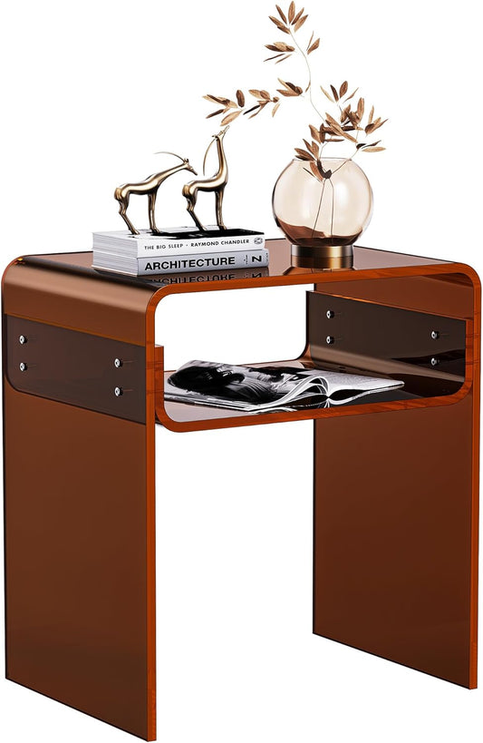 Clear Acrylic End Table 2-Tier Bedside Nightstand for Living Room Bedroom (1, Dark Brown)