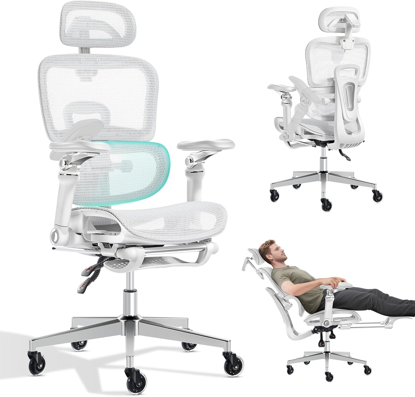 Ergonomic Office Chair with 9D Arms,Adjustable Seat Depth,3D Lumbar Support,135° Recline,3D Headrest & Footrest,Mesh Computer Desk Chair - Ultimate Comfort for Home & Executive Office White