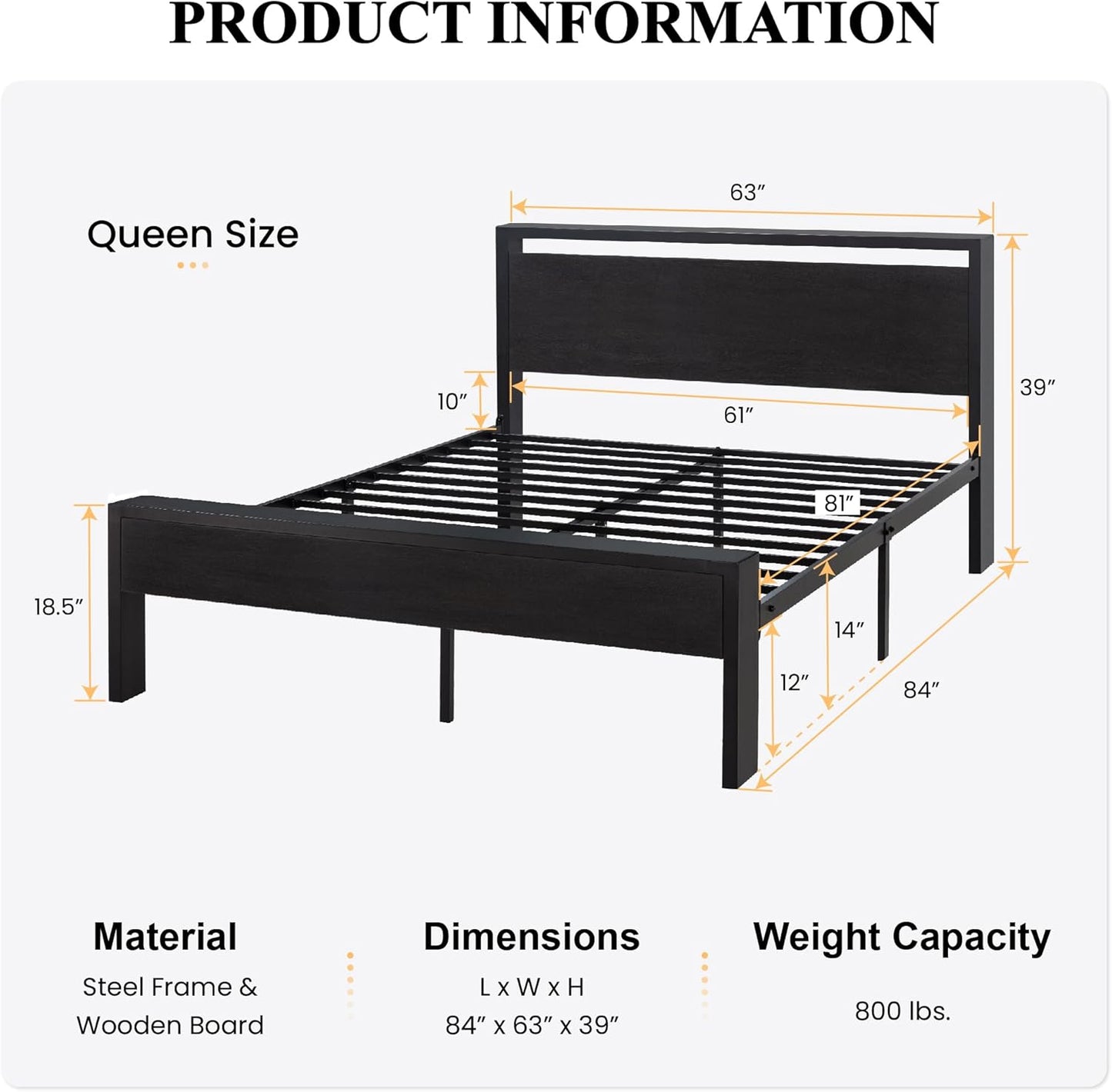 SHA CERLIN 14 Inch Queen Size Metal Platform Bed Frame with Wooden Headboard and Footboard, Mattress Foundation, No Box Spring Needed, Large Under Bed Storage, Non-Slip Without Noise, Black Oak