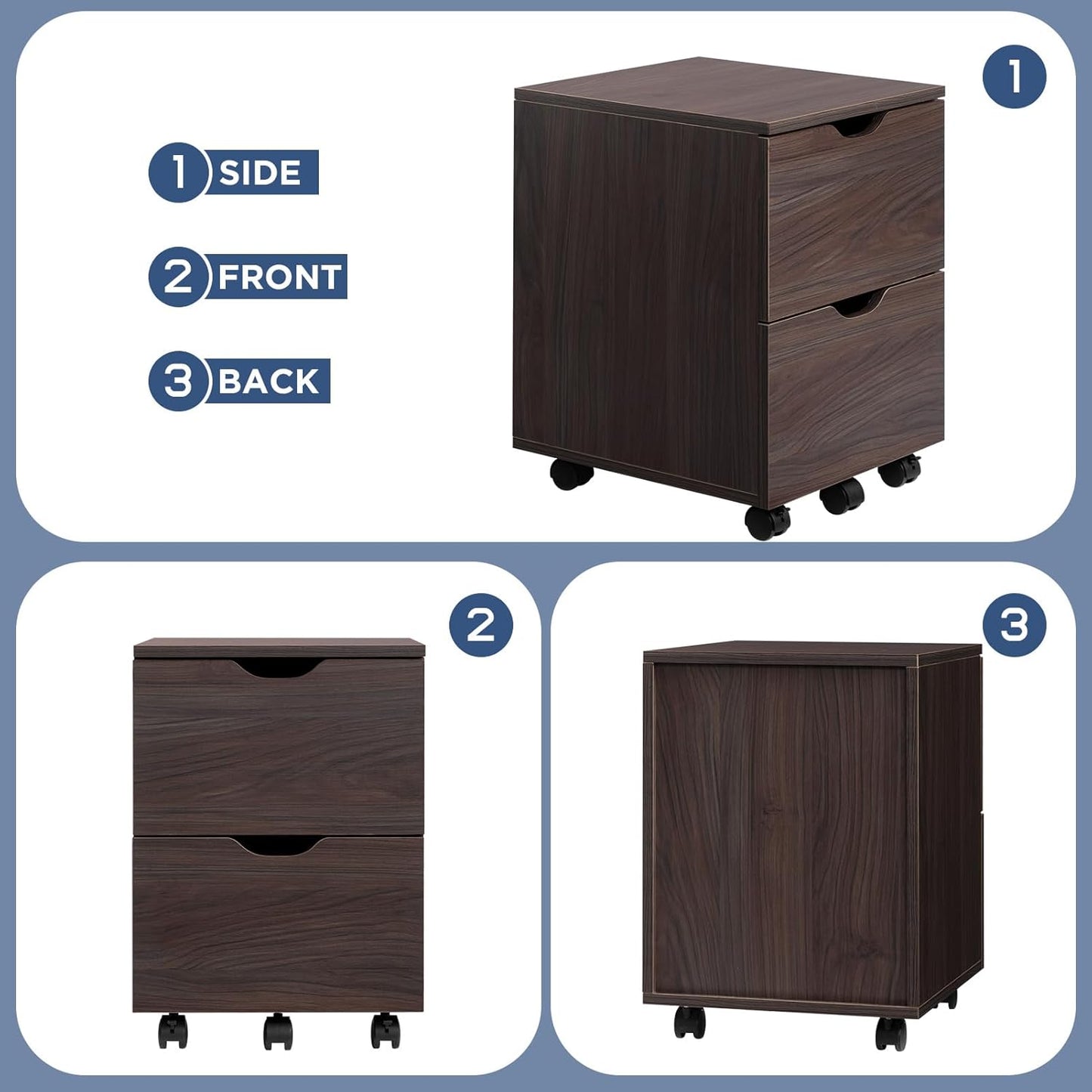 HollyHOME Under Desk Cabinet, Deep 2-Drawer Mobile Wood Cabinet, Storage Drawer for Home, Rolling Shelf for Office, Rolling Printer Stand, for A4, Modern, Dark Brown