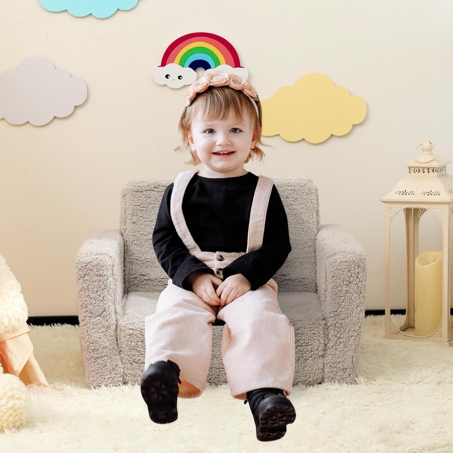 ALIMORDEN Kids Couch, 2-in-1 Fold Out Toddler Chair & Snuggly Foam Lounger Seat, Removable Washable Cover - Soft Reading Couch, Ideal Gift for for Boys and Girls, Light Grey