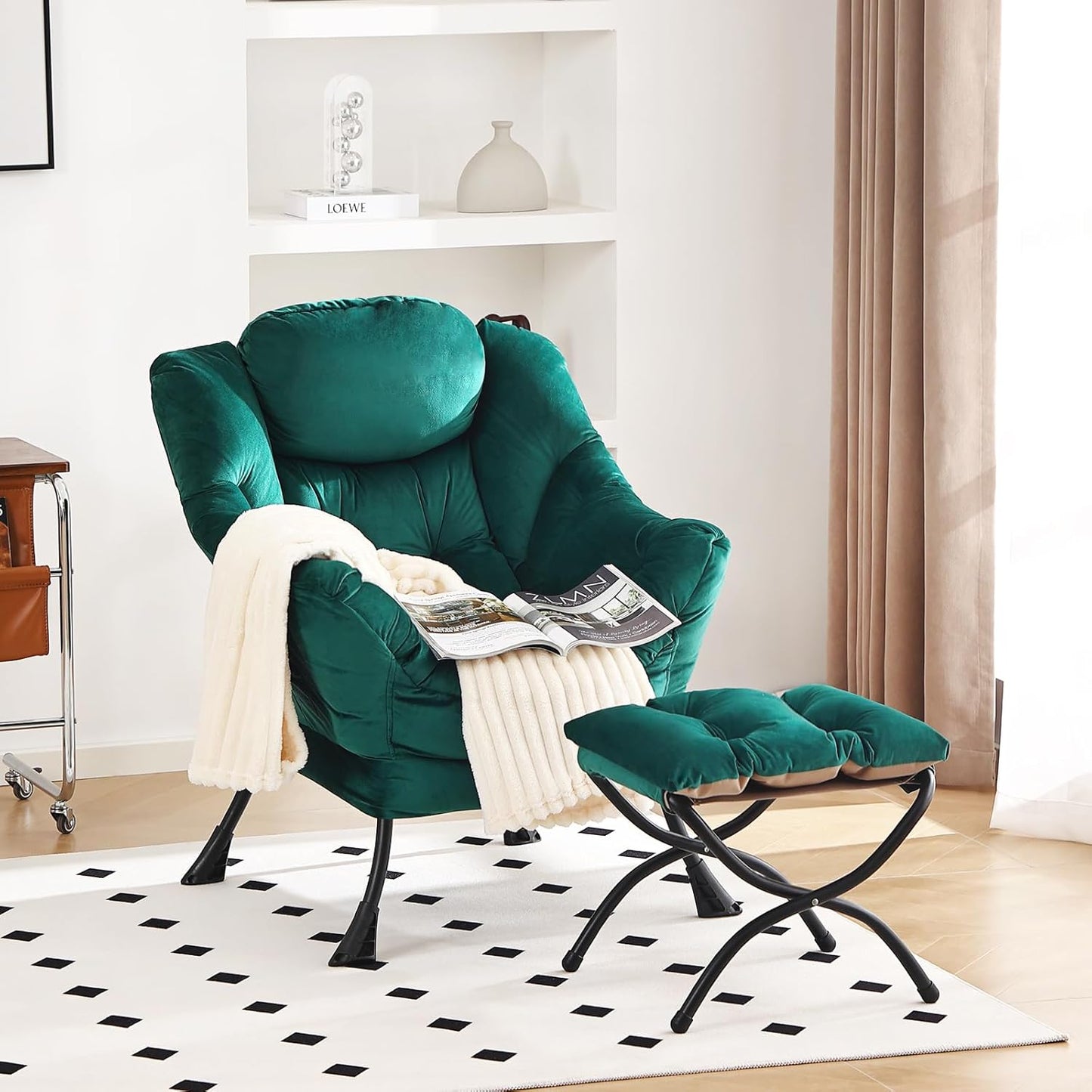 Lazy Chair and Ottoman, Large Accent Lounge Chair with Armrests and a Side Pocket, Modern Leisure Upholstered Sofa Reading Armchair with Footrest for Bedroom, Living Room, Dorm Rooms, Office