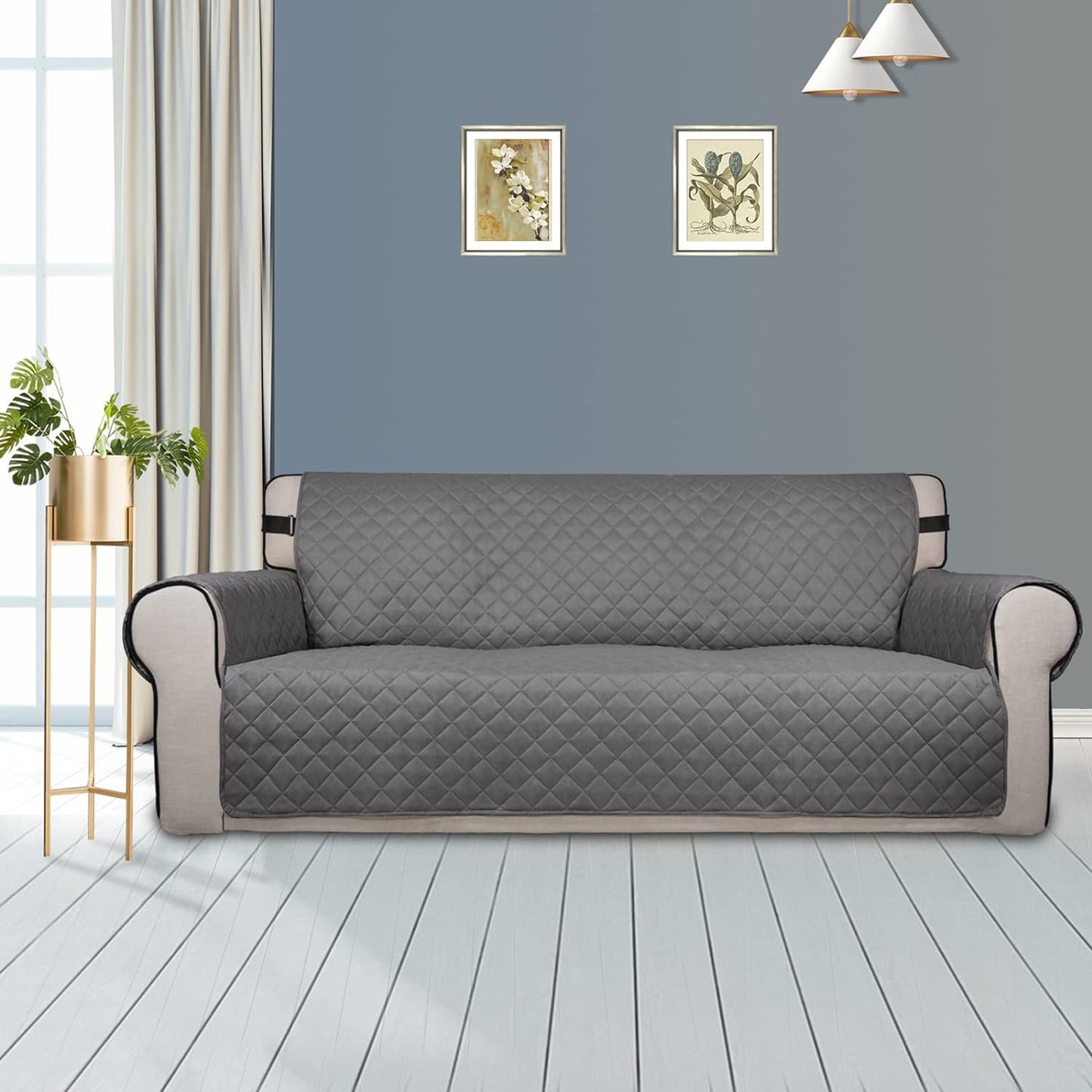 PureFit Reversible Sofa Couch Cover Water Resistant Couch Covers for 3 Cushion, Washable Furniture Cover with Non-Slip Foam and Adjustable Strap for Dogs, Pets (Oversized Sofa, Gray/Light Gray)