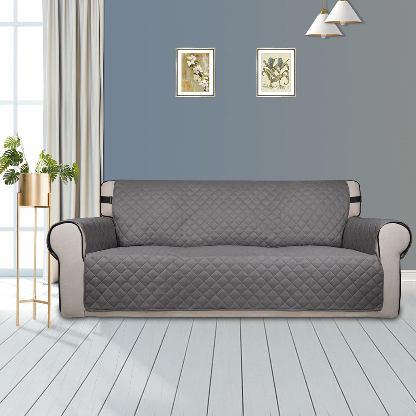 PureFit Reversible Sofa Couch Cover Water Resistant Couch Covers for 3 Cushion, Washable Furniture Cover with Non-Slip Foam and Adjustable Strap for Dogs, Pets (Sofa, Gray/Light Gray)
